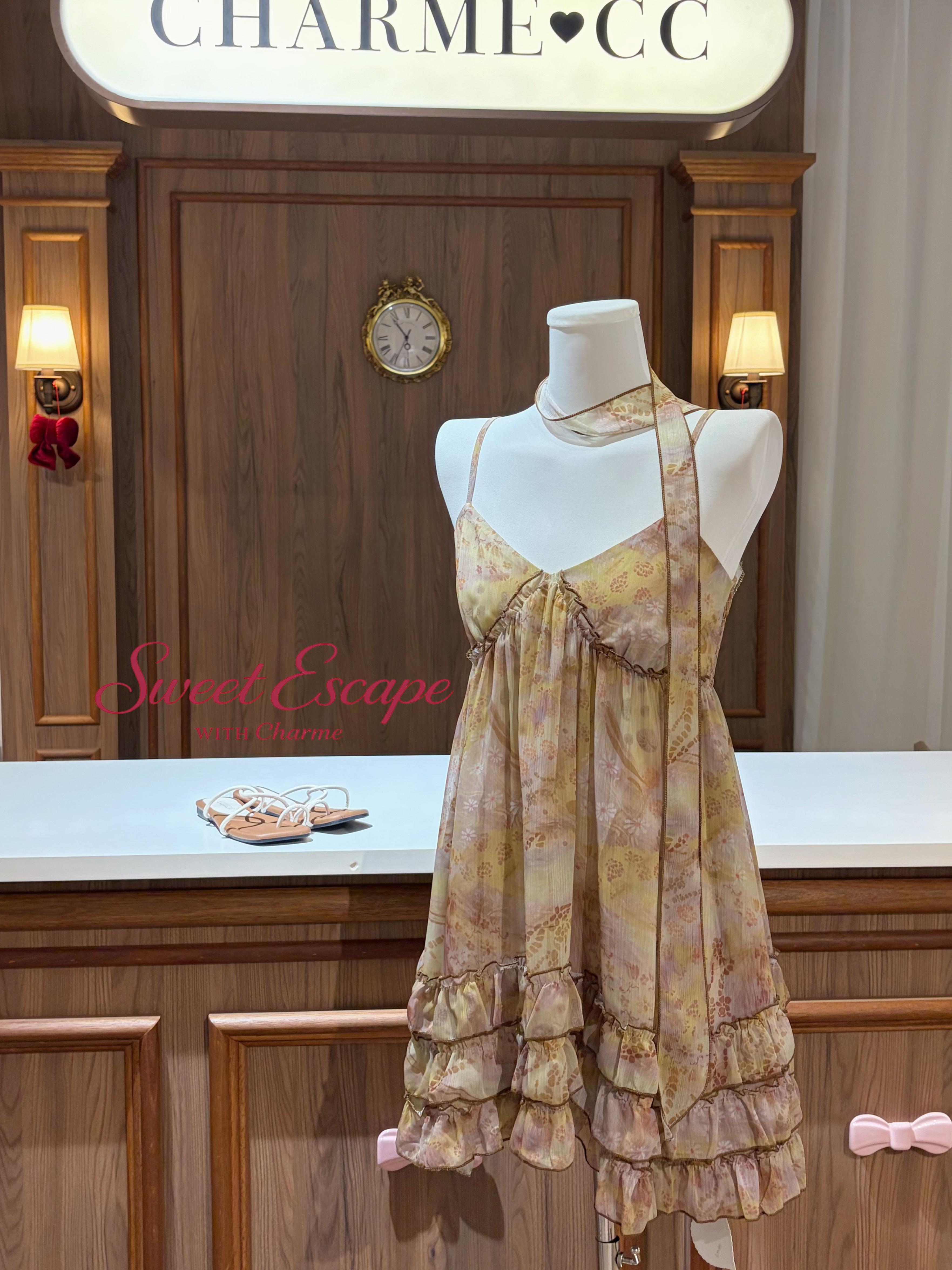 Floral chiffon spaghetti strap mini dress with layered ruffle hem in soft pastel print, Sweet Escape with Charme collection