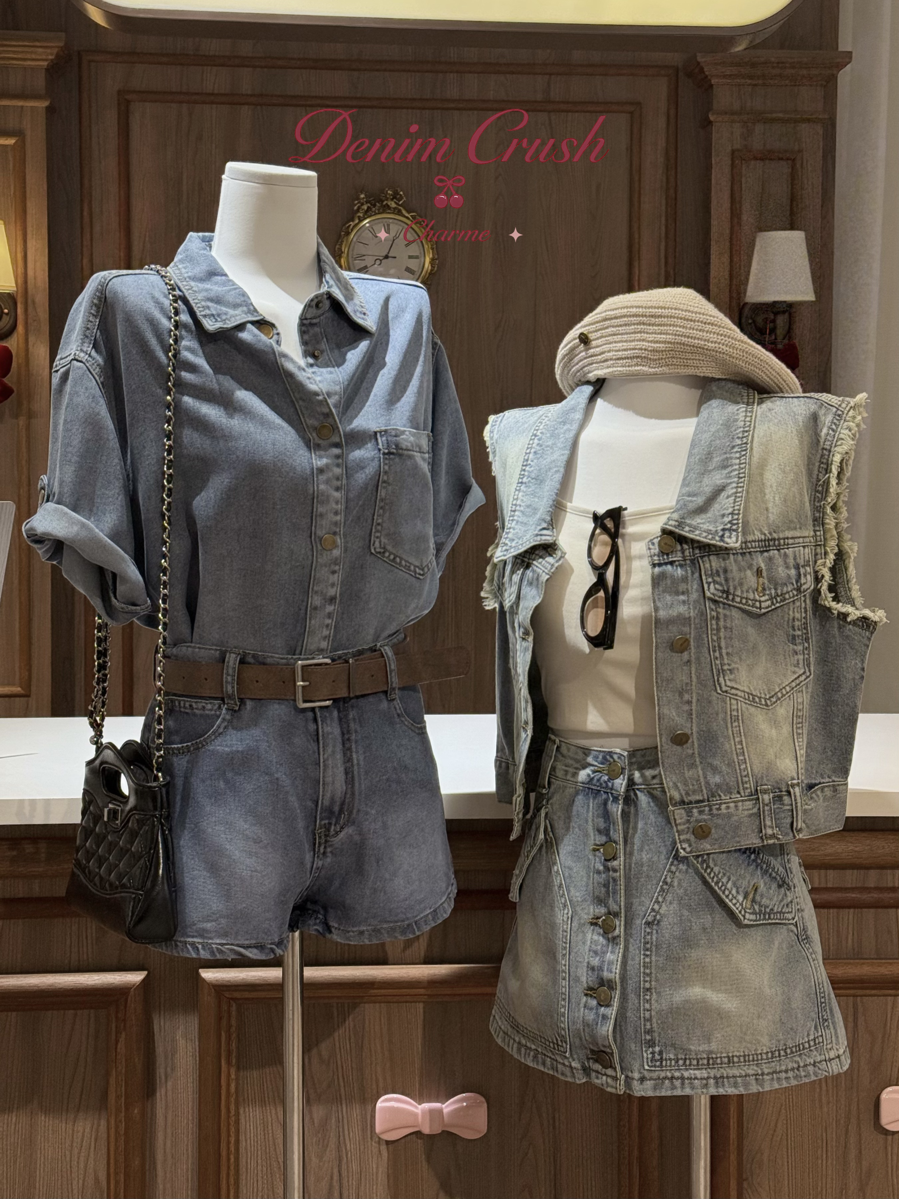 vintage wash denim vest and skirt set