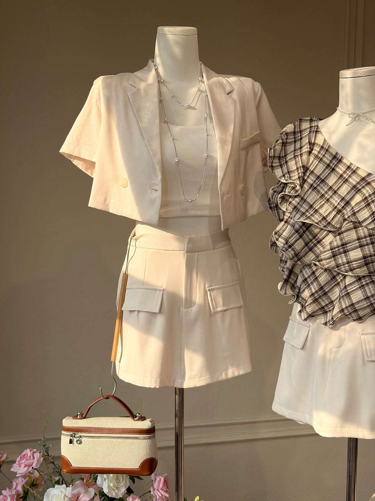 Charme.cc Sydney Top and Skort in Cream Styled Together as a Cropped Blazer Look