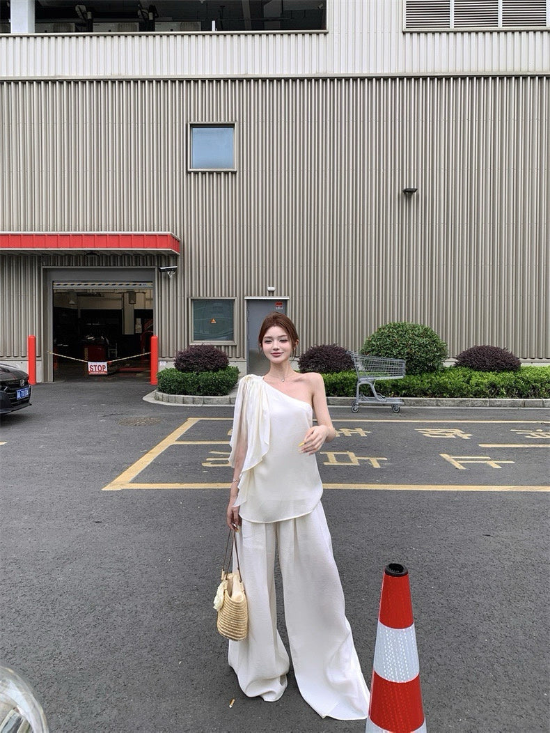 W8900 日系棉麻斜肩套装