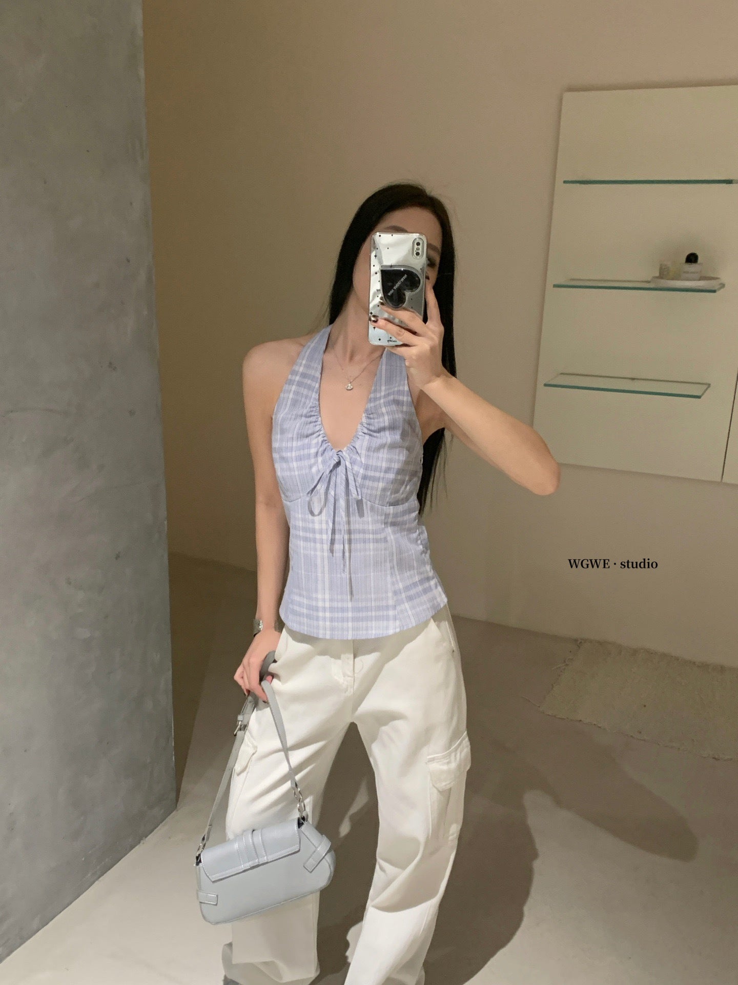 W8456 少女感!格纹挂脖上衣