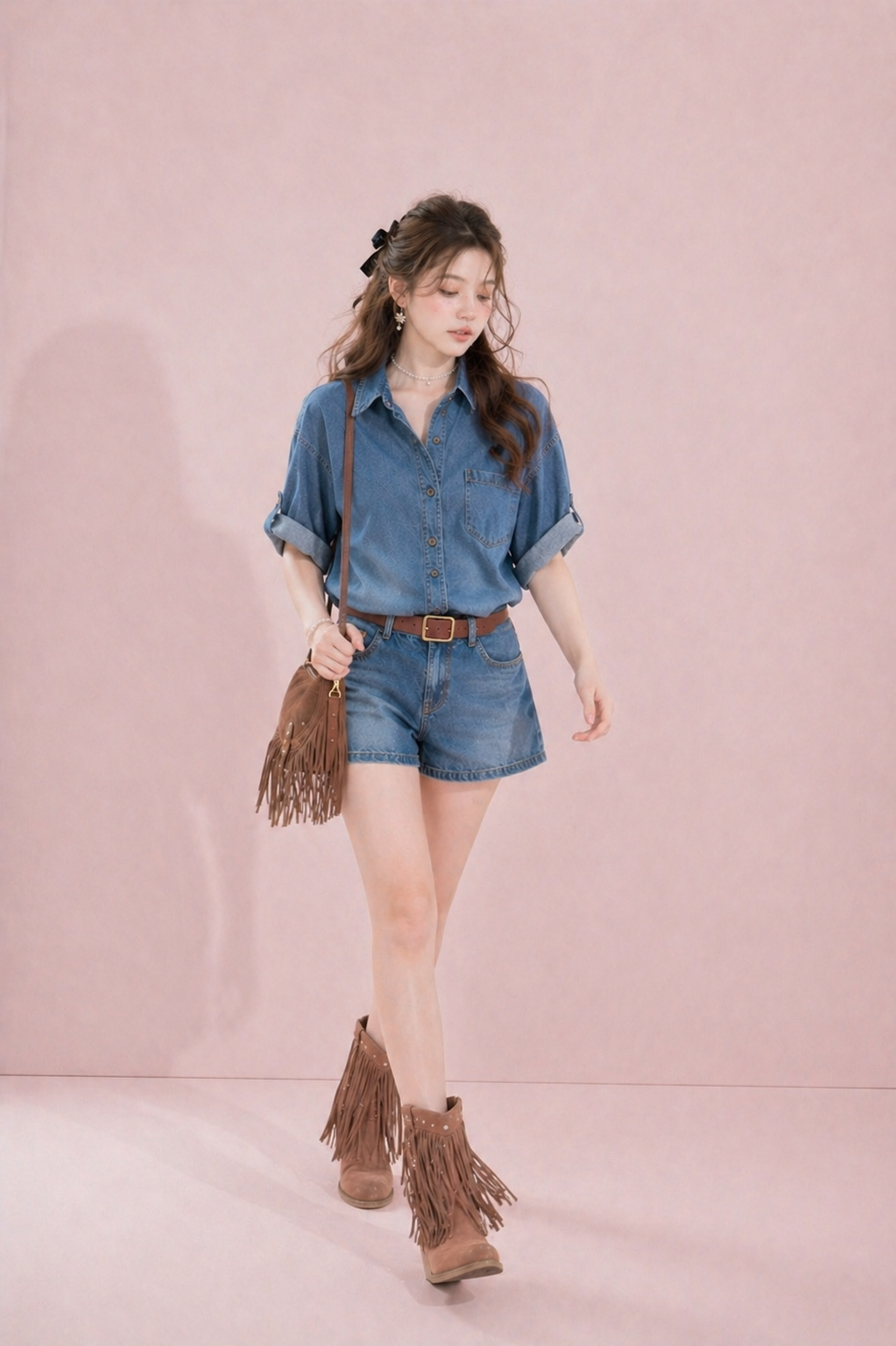 Woman wearing a denim outfit with fringed boots and a handbag against a pink background