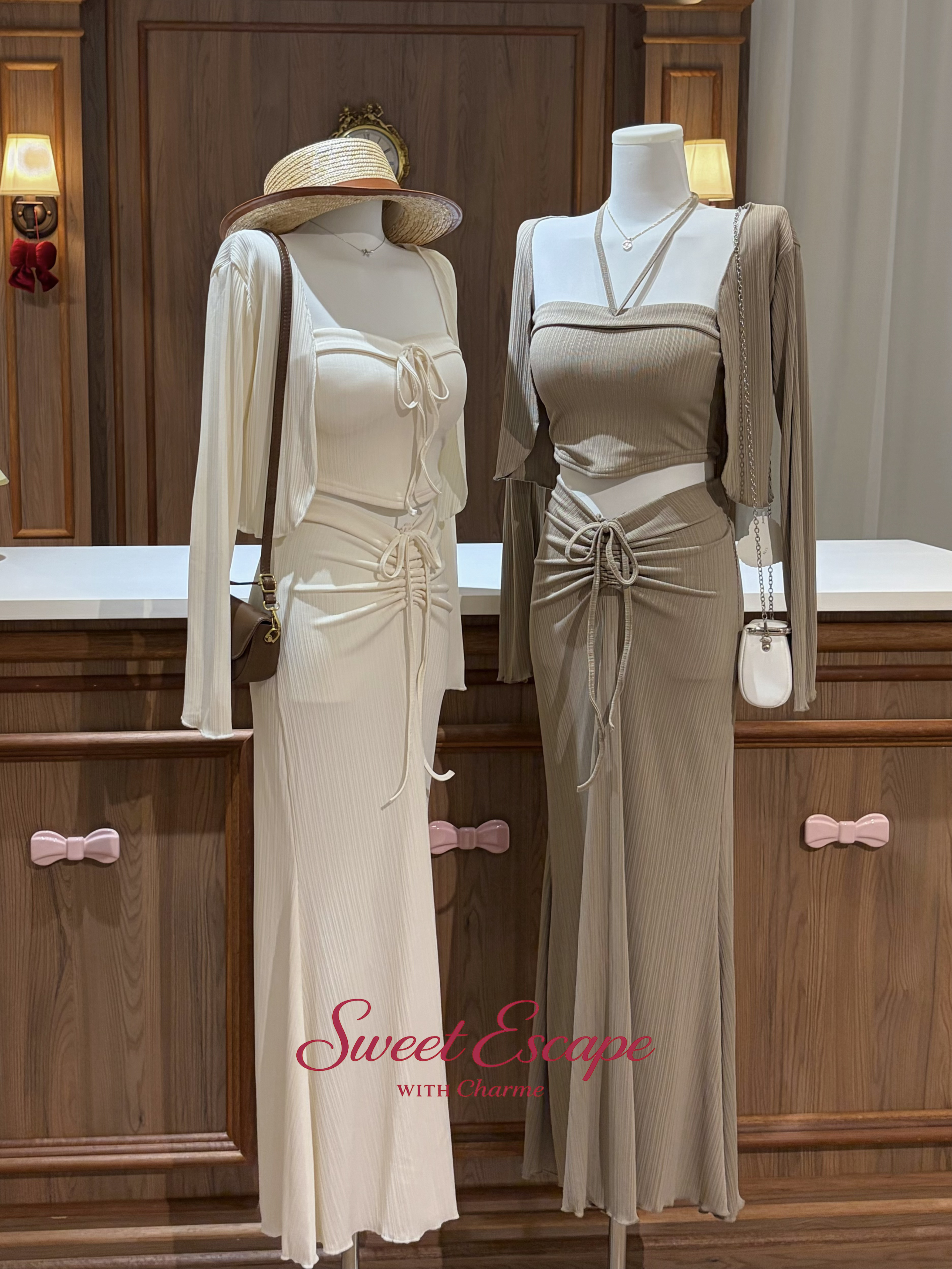 Ribbed cami top and ruched maxi skirt matching set with lightweight cardigan