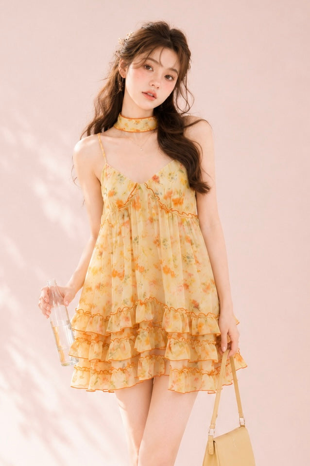 Floral Ruffle Dress (Orange)