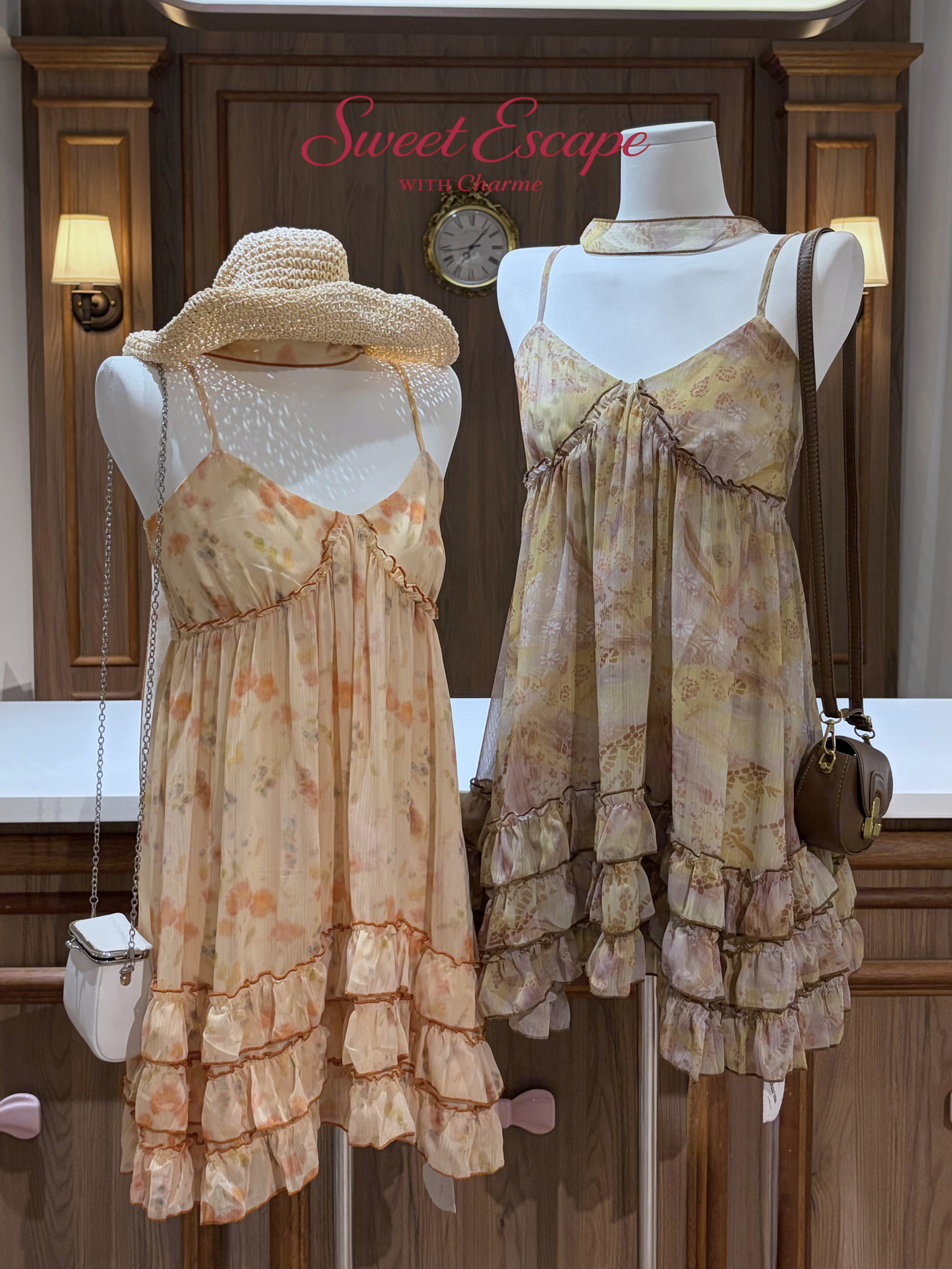 Floral chiffon spaghetti strap mini dress with layered ruffle hem in soft pastel print, Sweet Escape with Charme collection