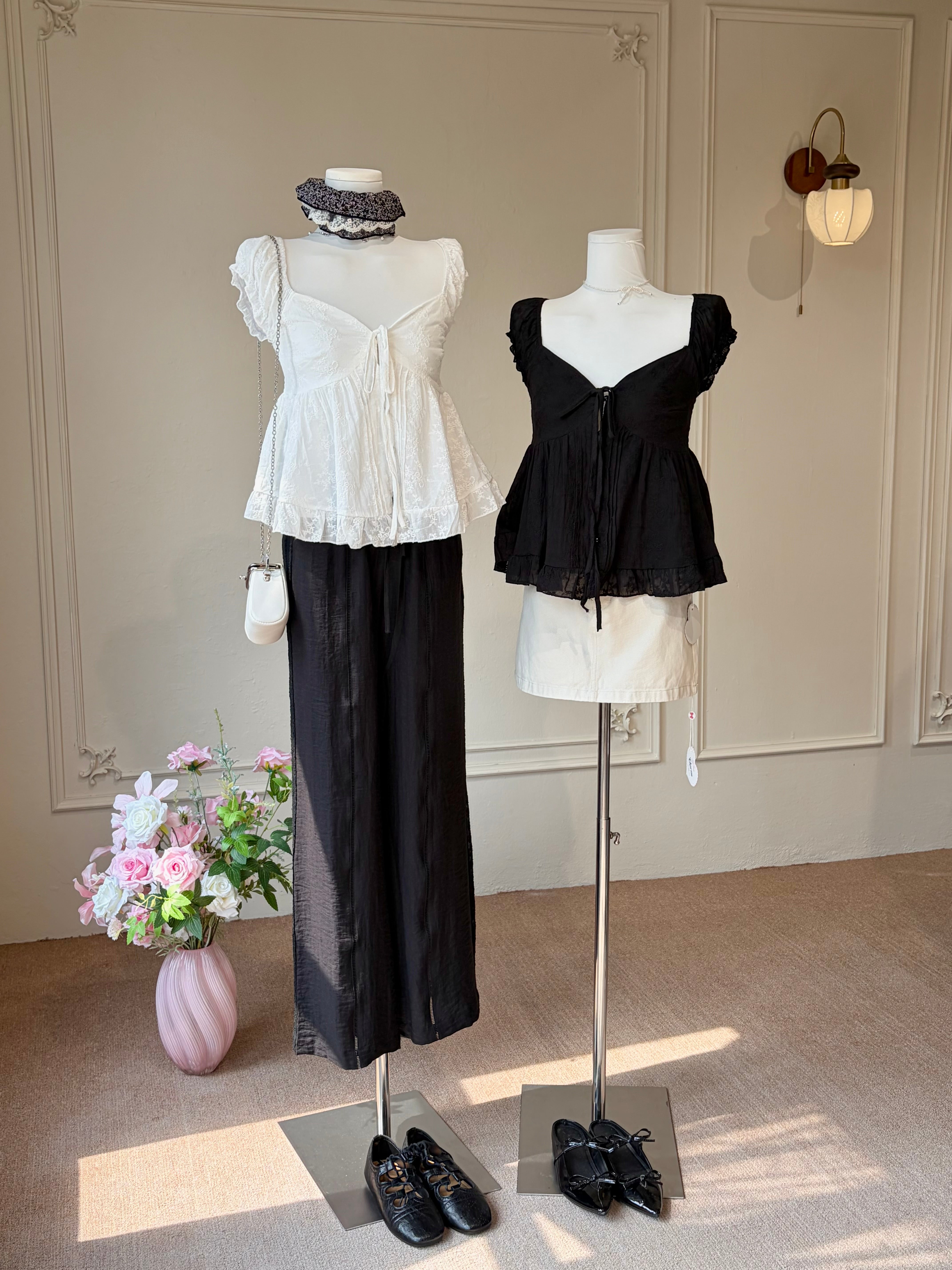 Charme.cc Women's White and Black Embroidered Lace Babydoll Relaxed Fit Top