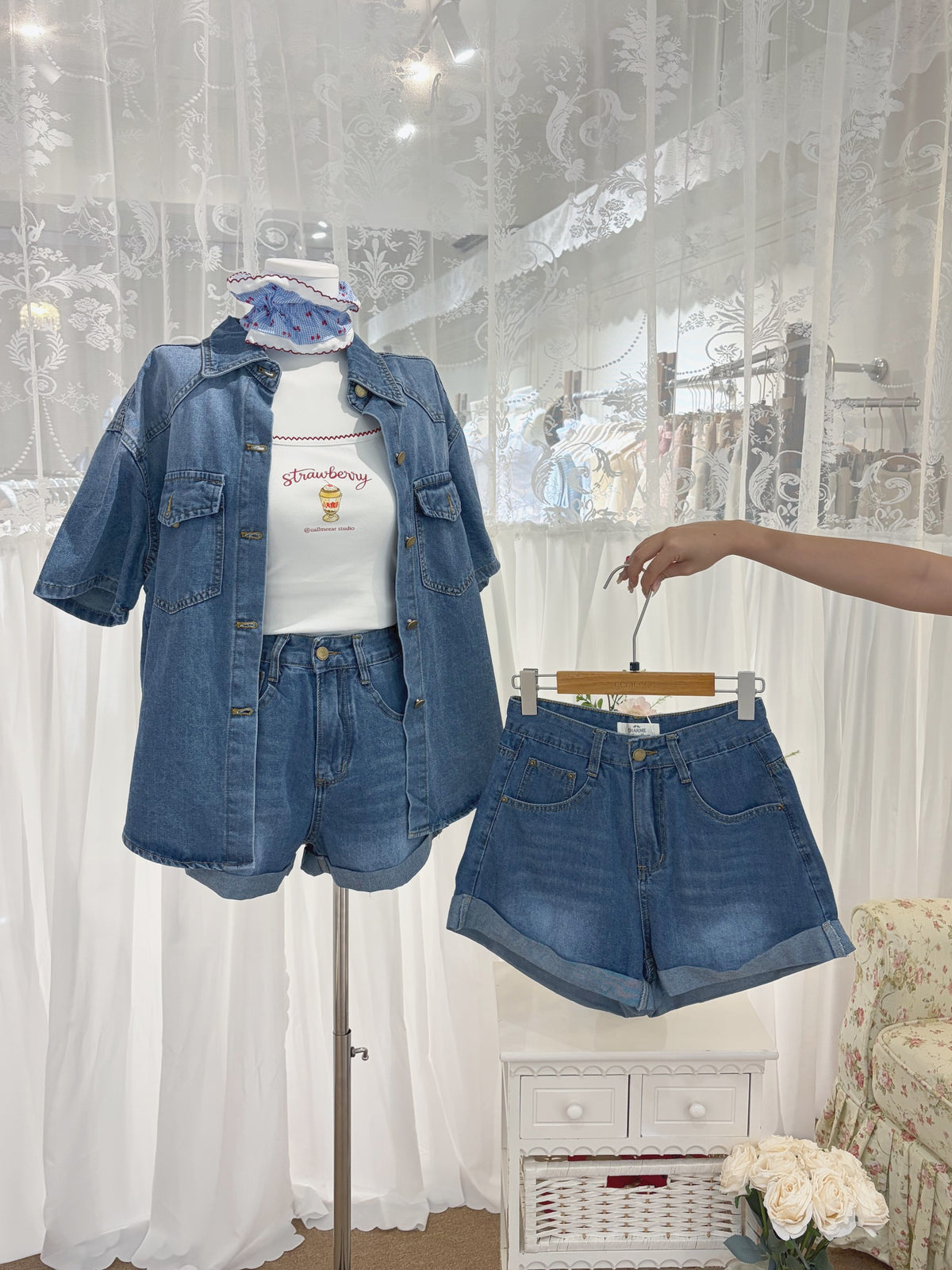 Charme Women's Oversized Short Sleeve Denim Shirt and Denim Shorts