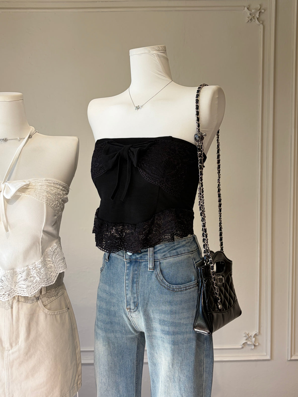 Charme.cc Luna Lace Ribbon Top - Strapless Neckline with Bow, Floral Lace Panel and Peplum Hem Details