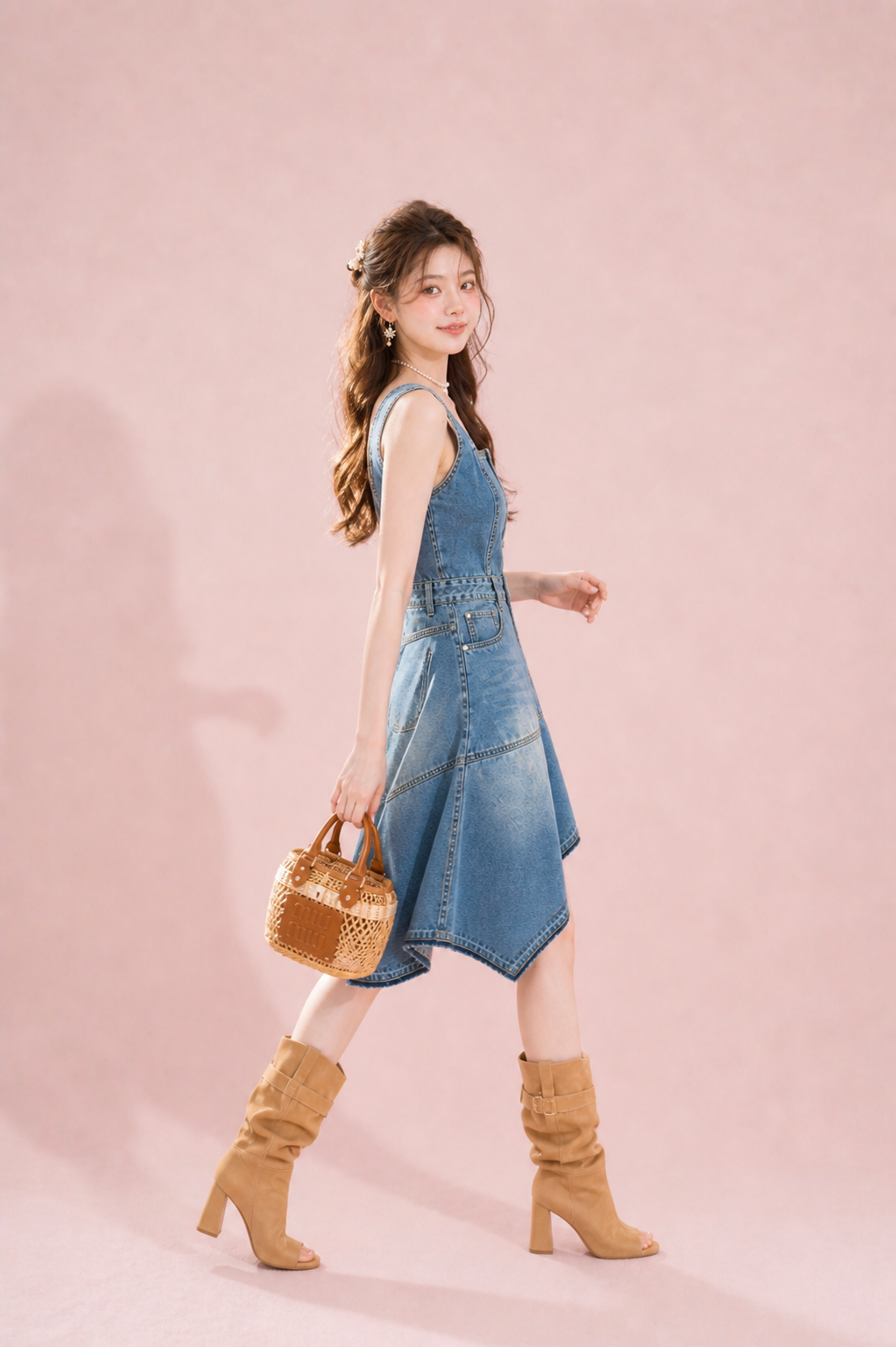 vintage wash denim midi dress feminine style