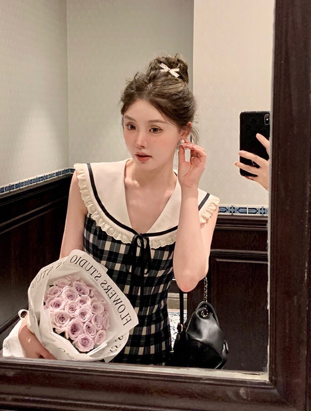 千金甜美Look! 复古黑白格连身裙