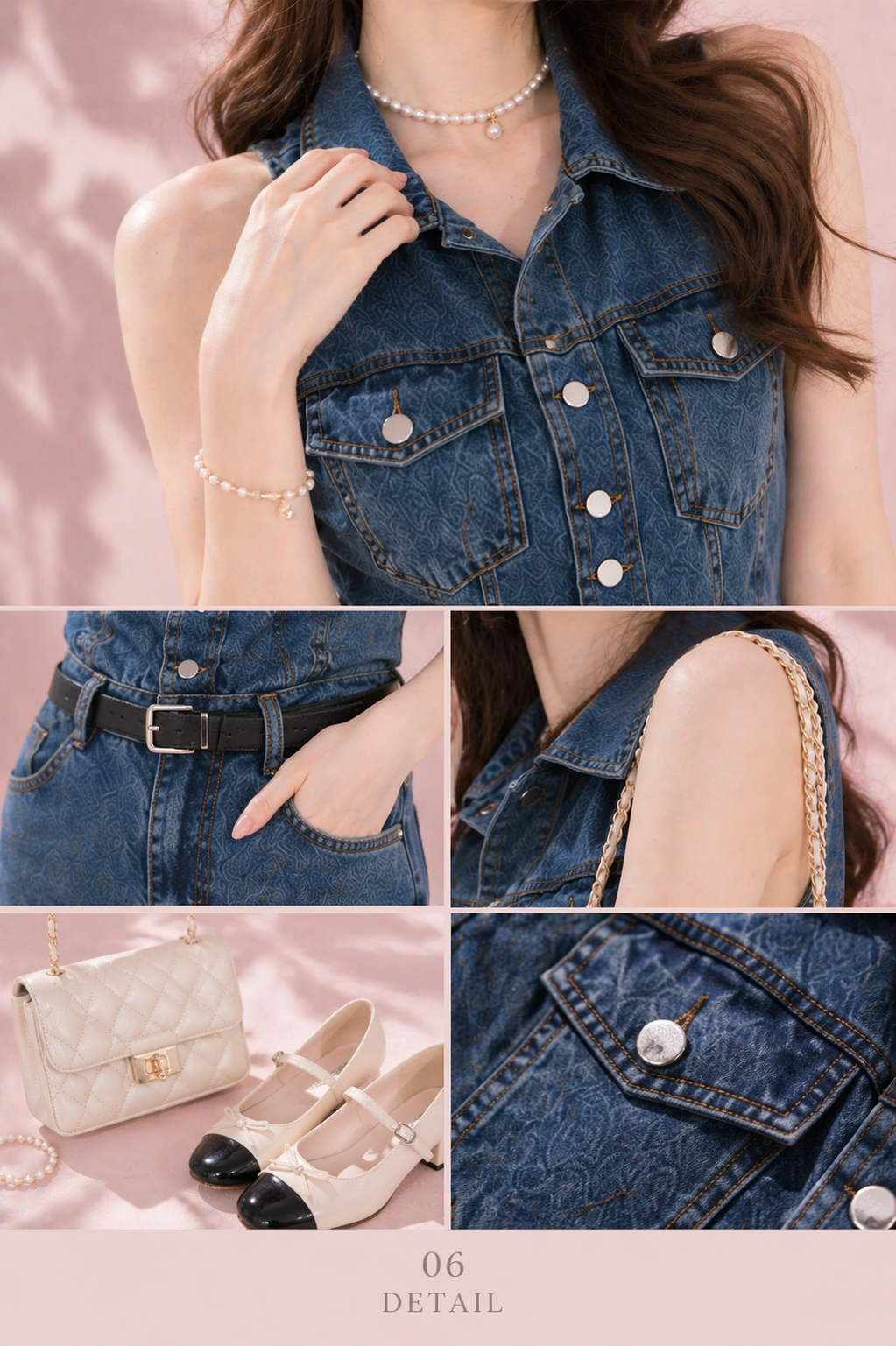 Collage of a person wearing a denim vest with close-up details on a pink background.
