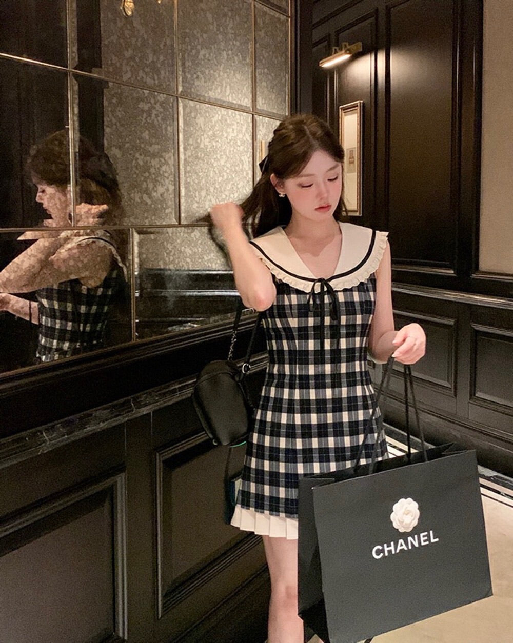 千金甜美Look! 复古黑白格连身裙