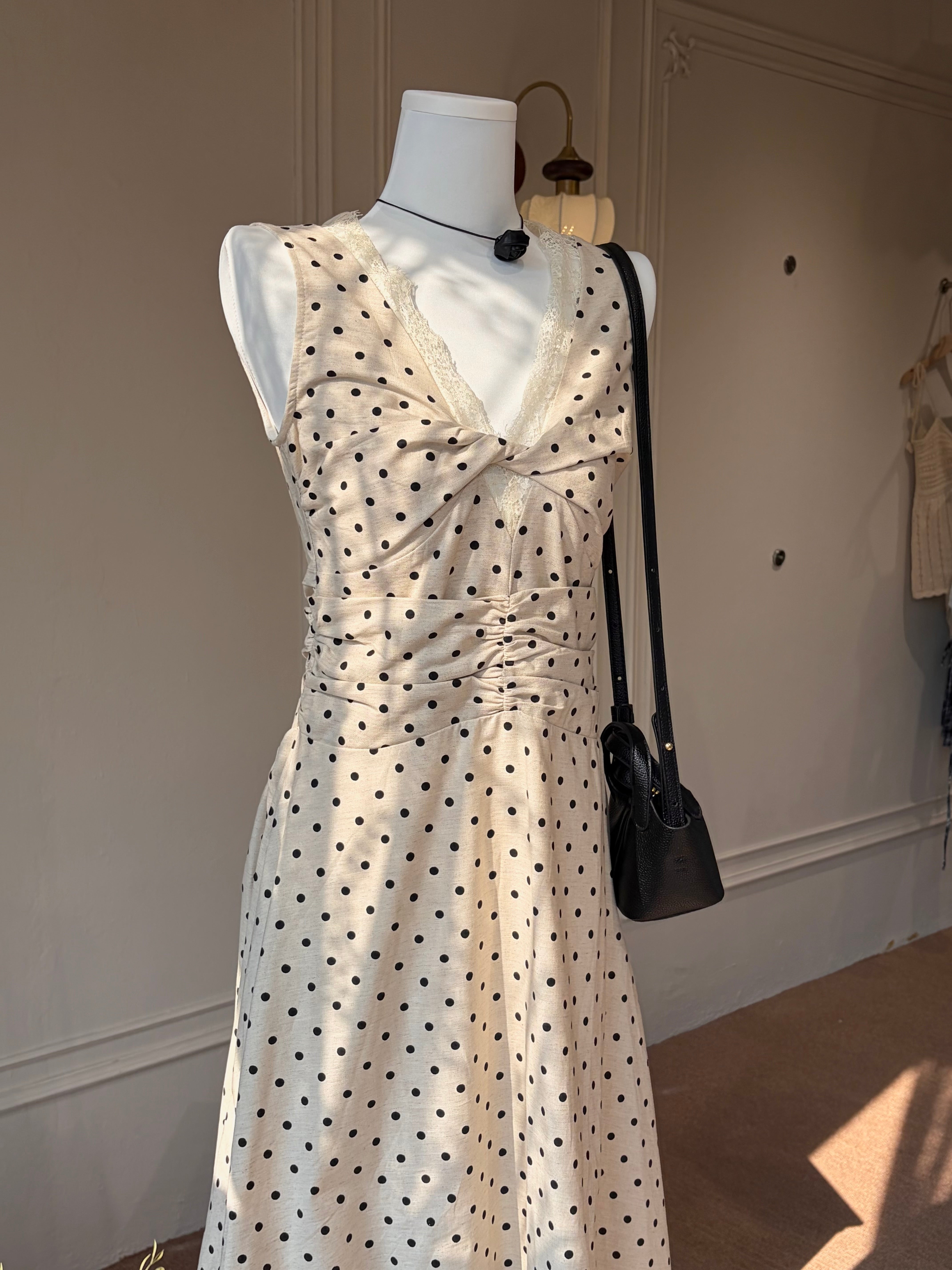 Charme.cc Amelie Polka Dress - V-Neck Dress with Lace Trim and Black Polka Dot Pattern
