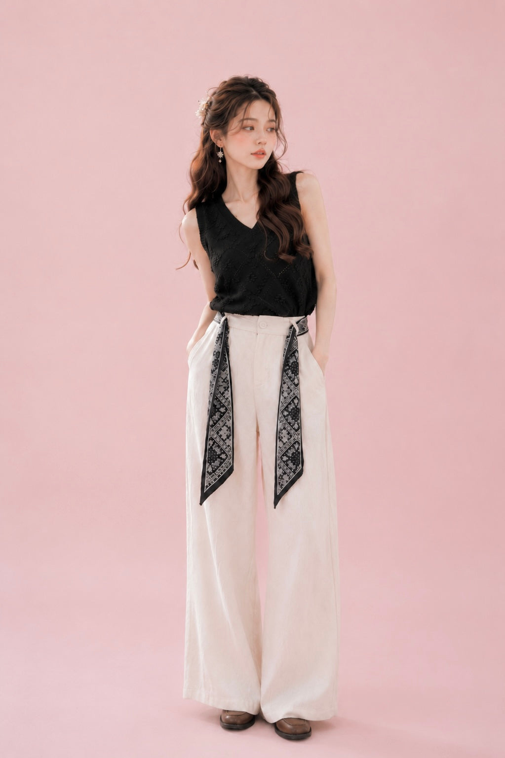 Anais Wide Leg Pants(free Ribbon Scarf)
