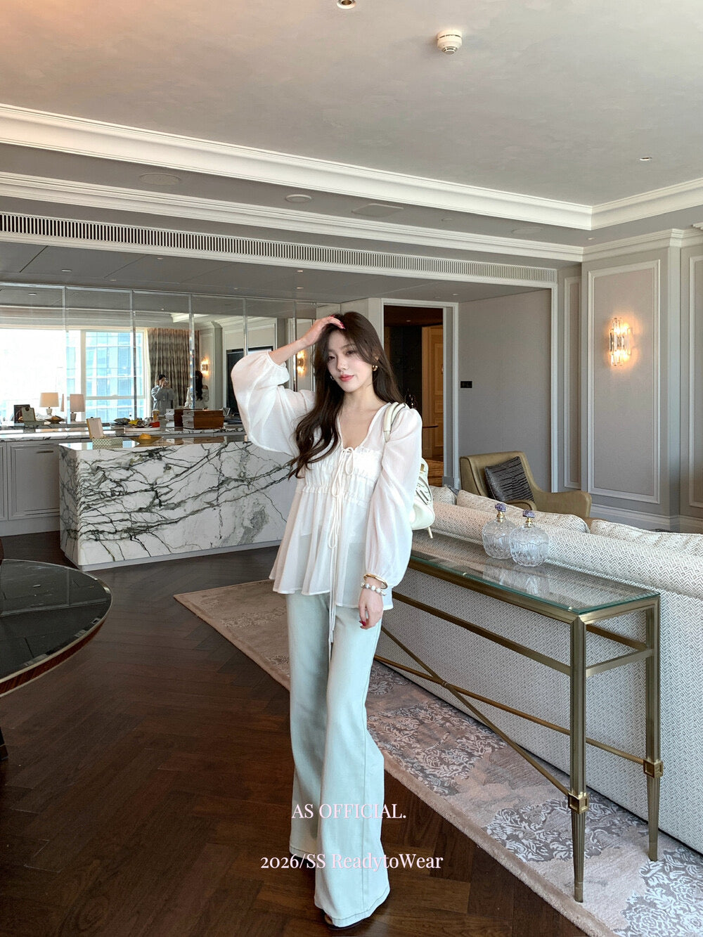 A101 褶皱V领系带小衫+背心真两件套装(私有浪漫~)