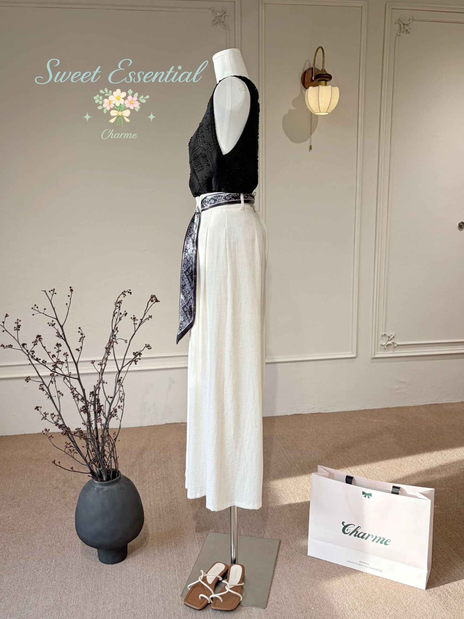 Anais Wide Leg Pants(free Ribbon Scarf)