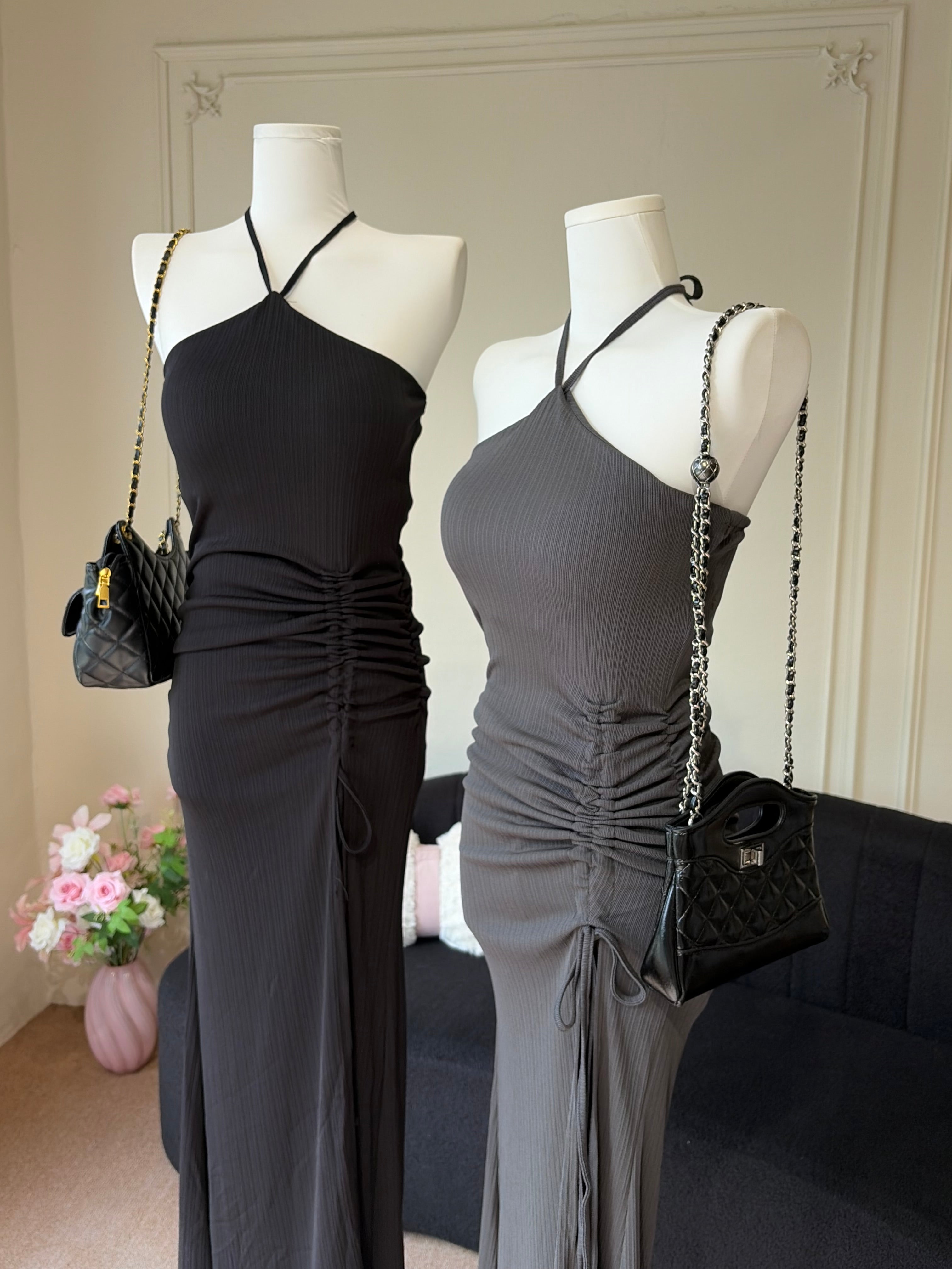 Charme.cc Women's Aurora Halter Maxi Dress - Body-Hugging Fit with Long Flowy Hem