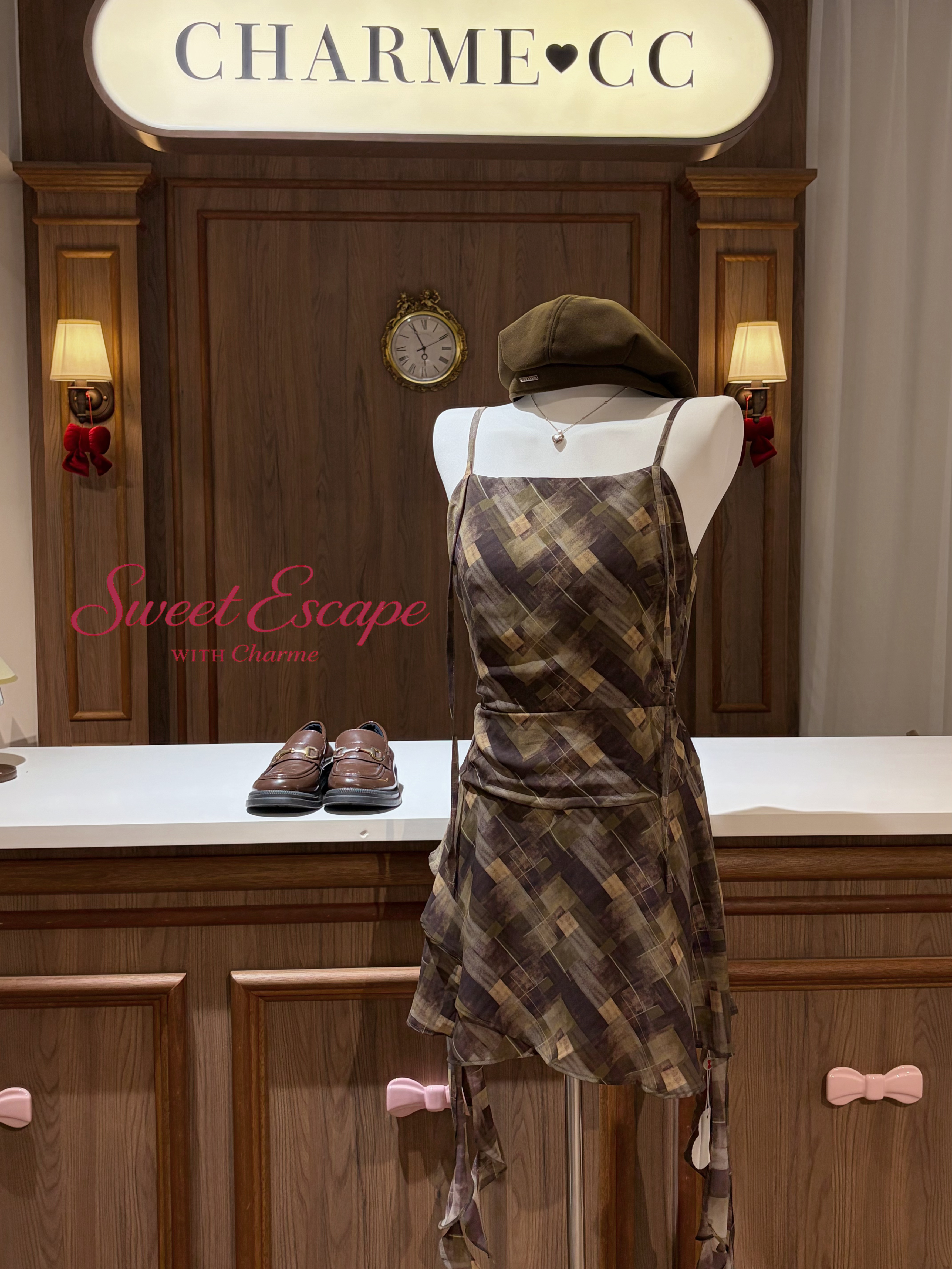 Brown vintage printed spaghetti strap mini dress with asymmetrical hem, Sweet Escape with Charme collection