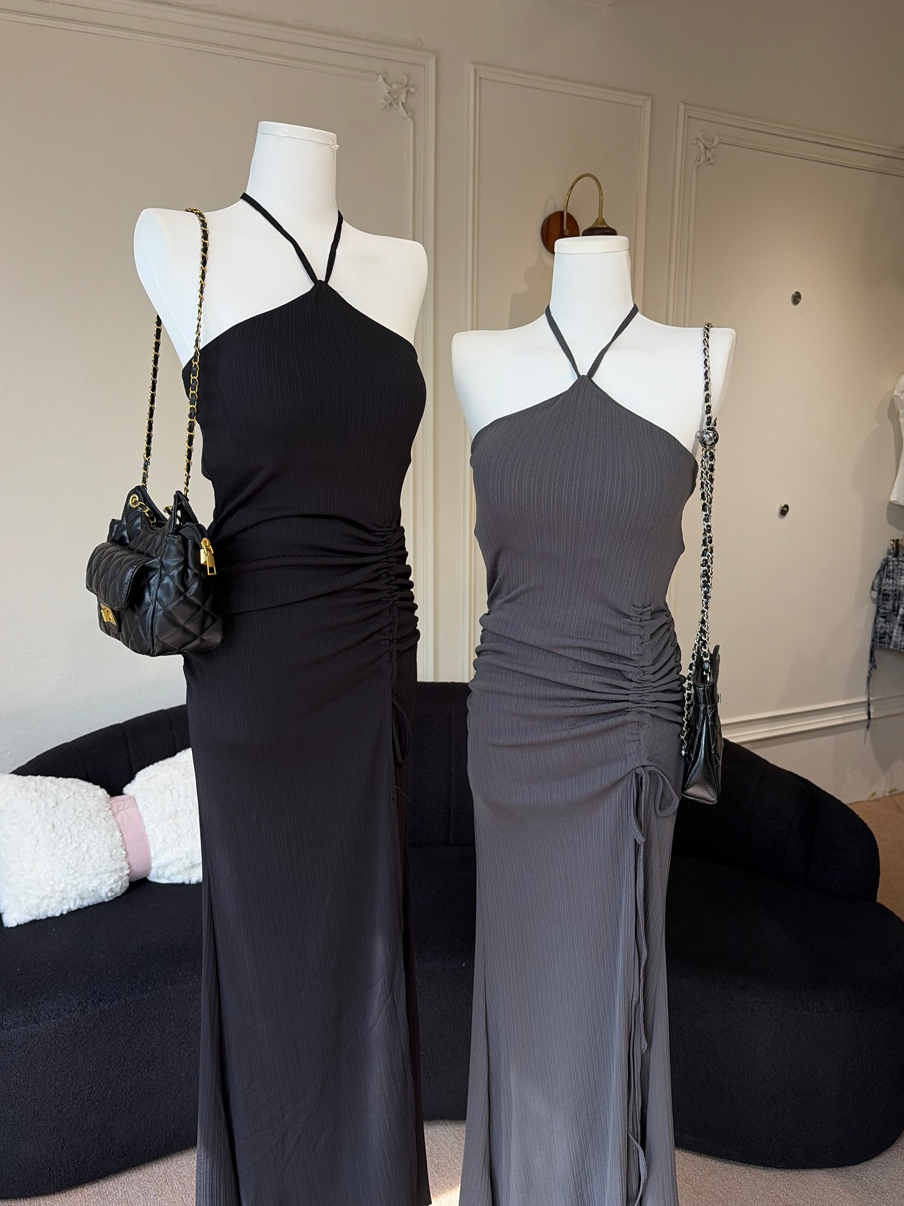 Charme.cc Aurora Ruched Dress - Black and Gray Color Variants with Halter Neck and Side Ruched Details