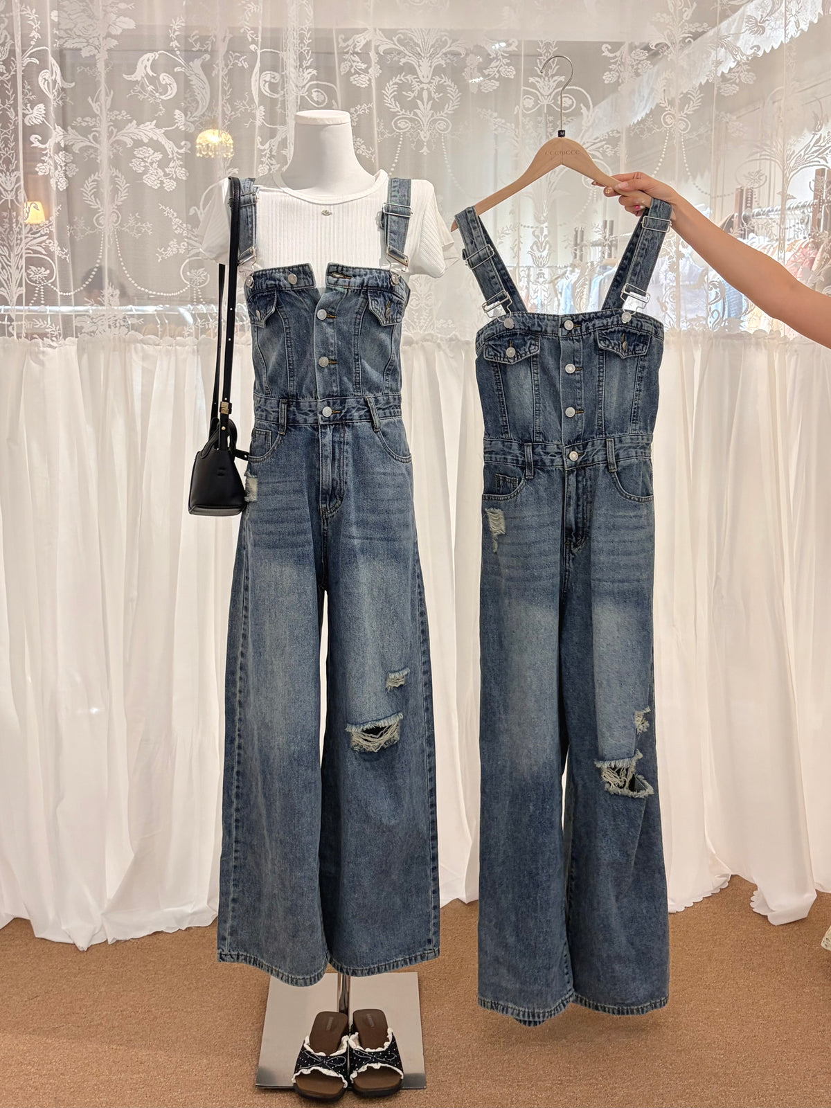 Charme Women's High Waist Wide Leg Denim Overall with Adjustable Straps