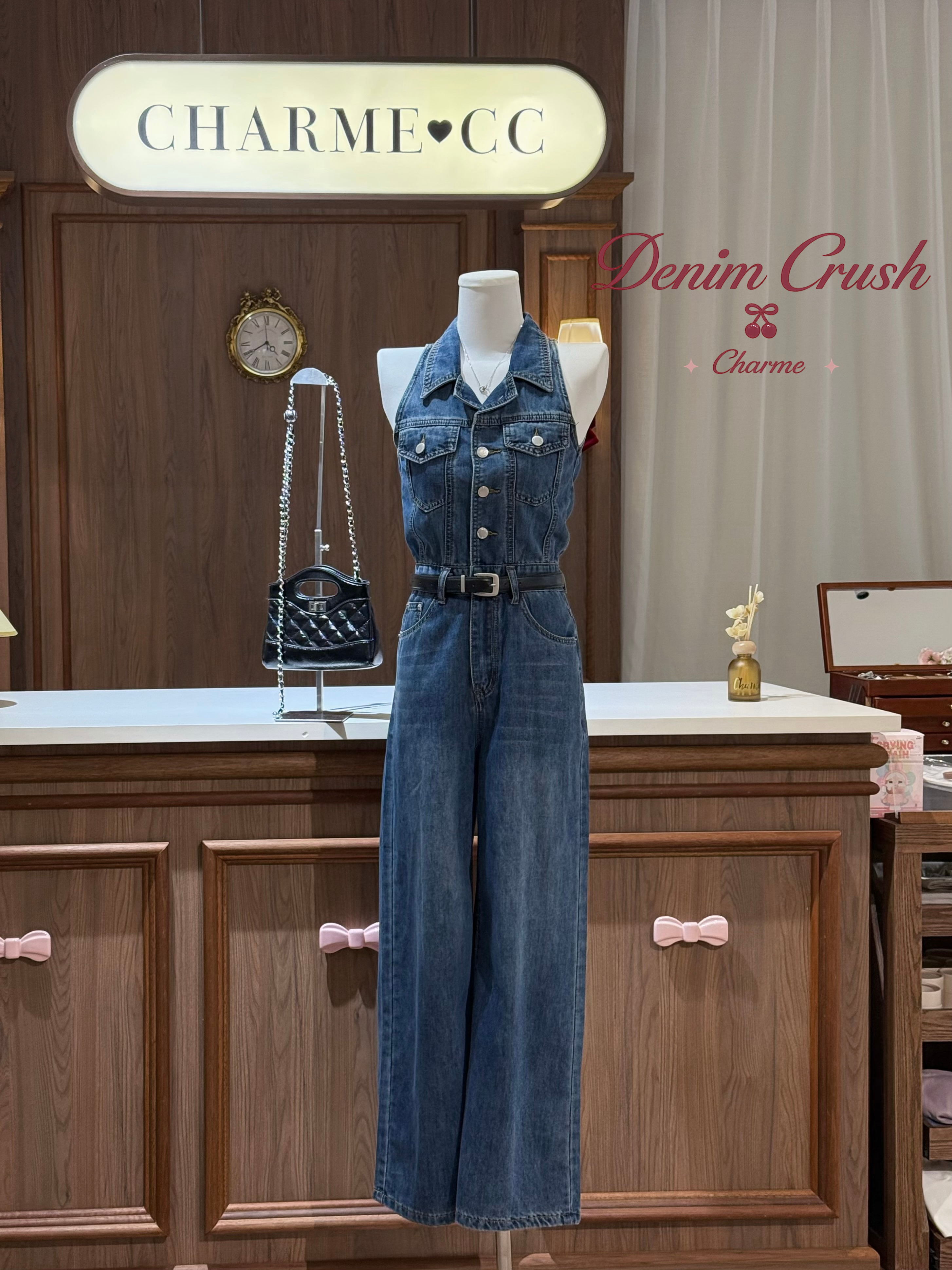 vintage wash denim jumpsuit feminine style