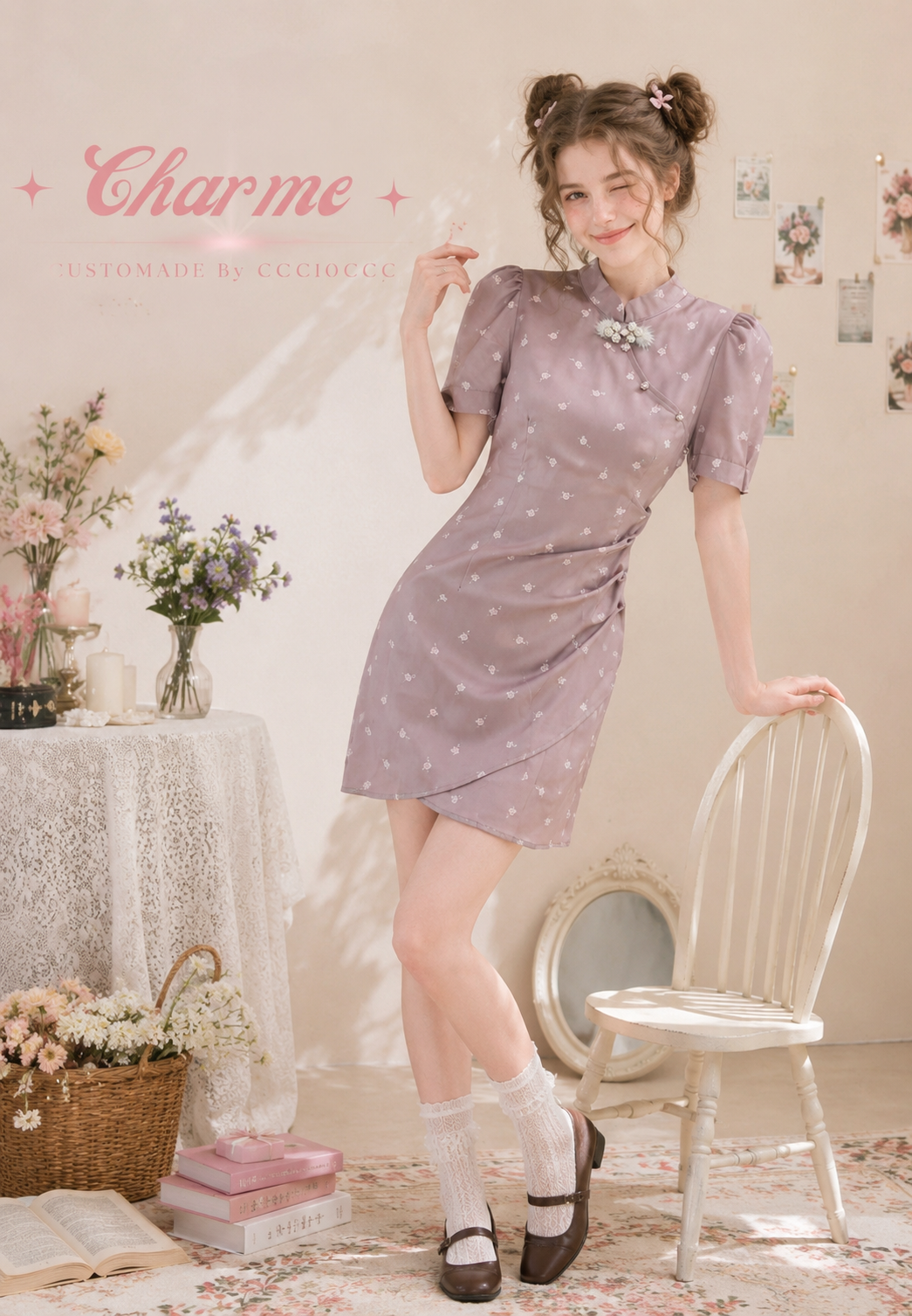 Charme.cc Celestine Cheongsam Dress - Purple Floral Puff Sleeve Mini Dress