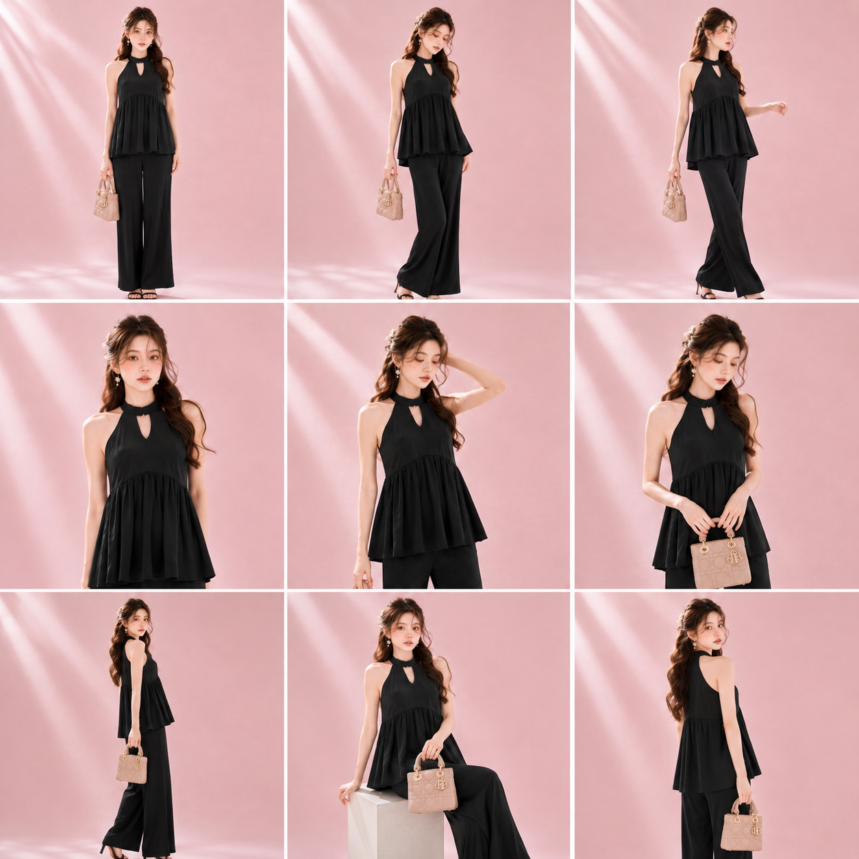 Woman in a black outfit with a beige handbag on a pink background