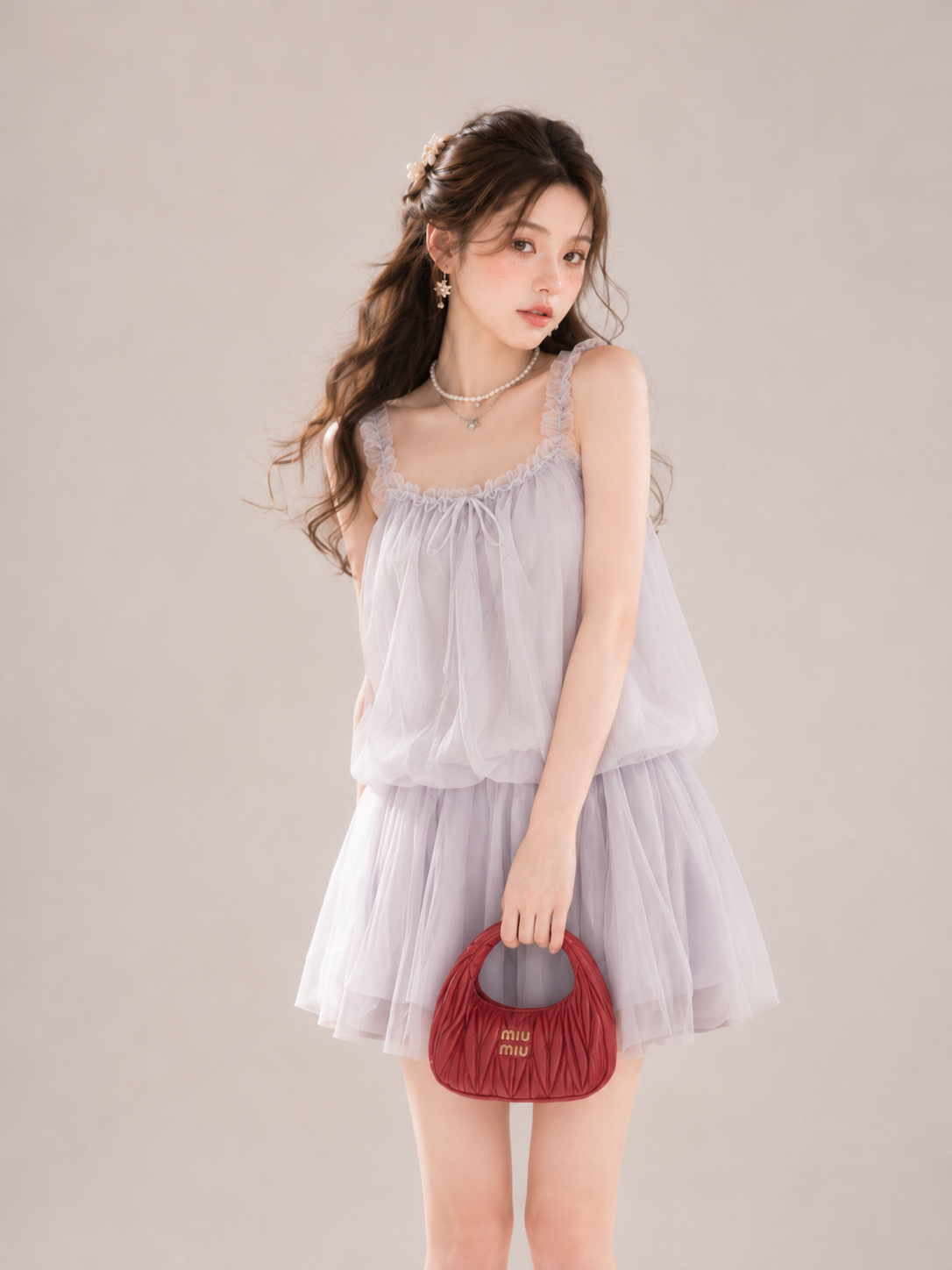 Soft grey tulle mini dress with ruffle straps and layered skirt