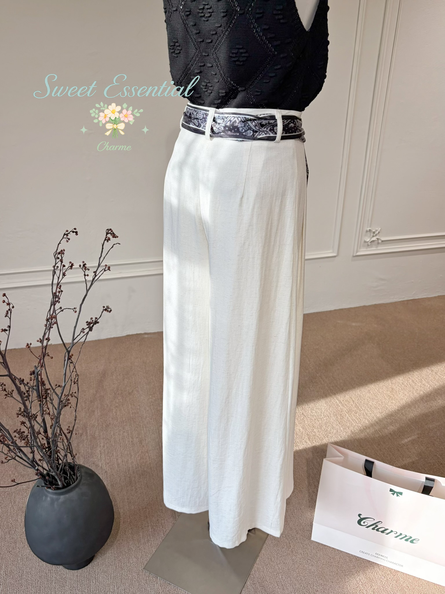 Anais Wide Leg Pants(free Ribbon Scarf)