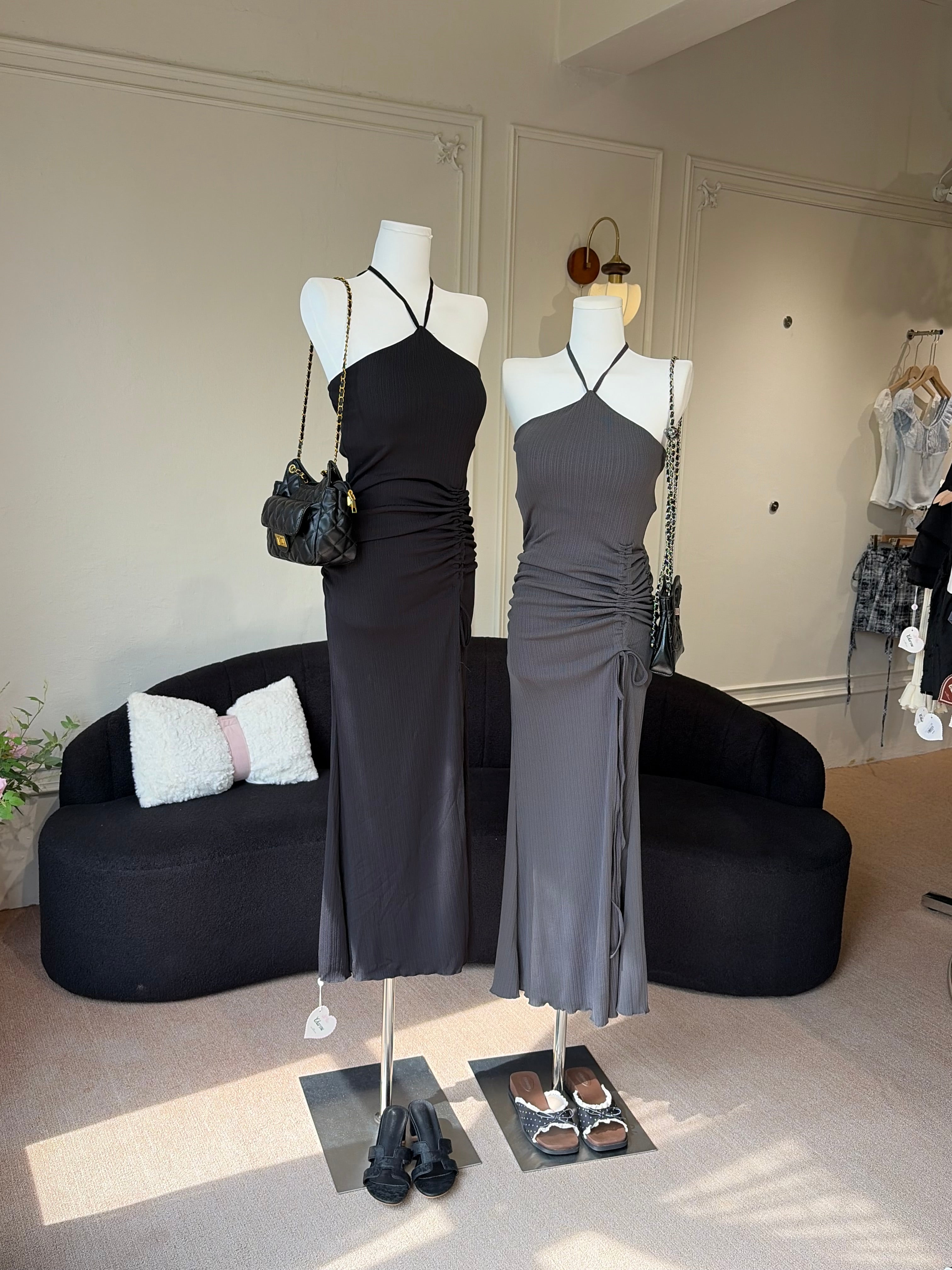 Charme.cc Women's Black Halter Neck Ruched Slim Fit Maxi Dress