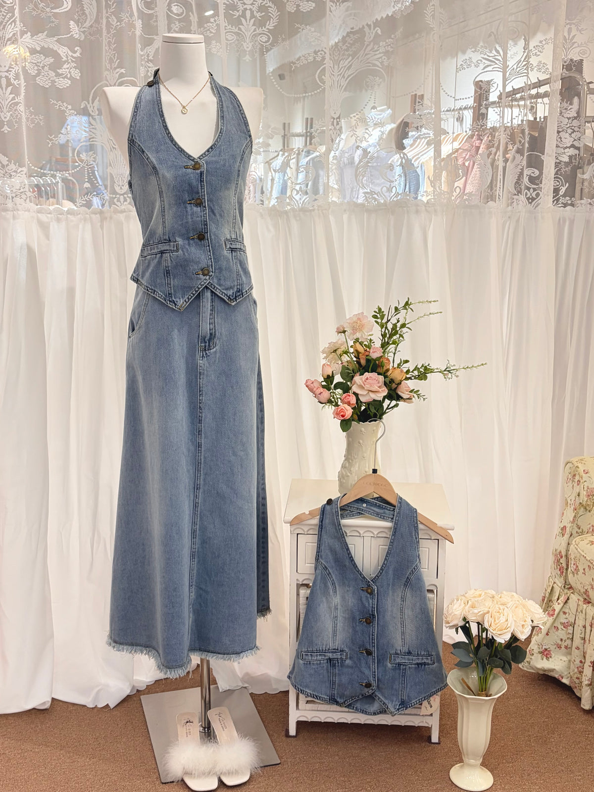 Charme Camille Denim Halter Vest and A-Line Maxi Skirt