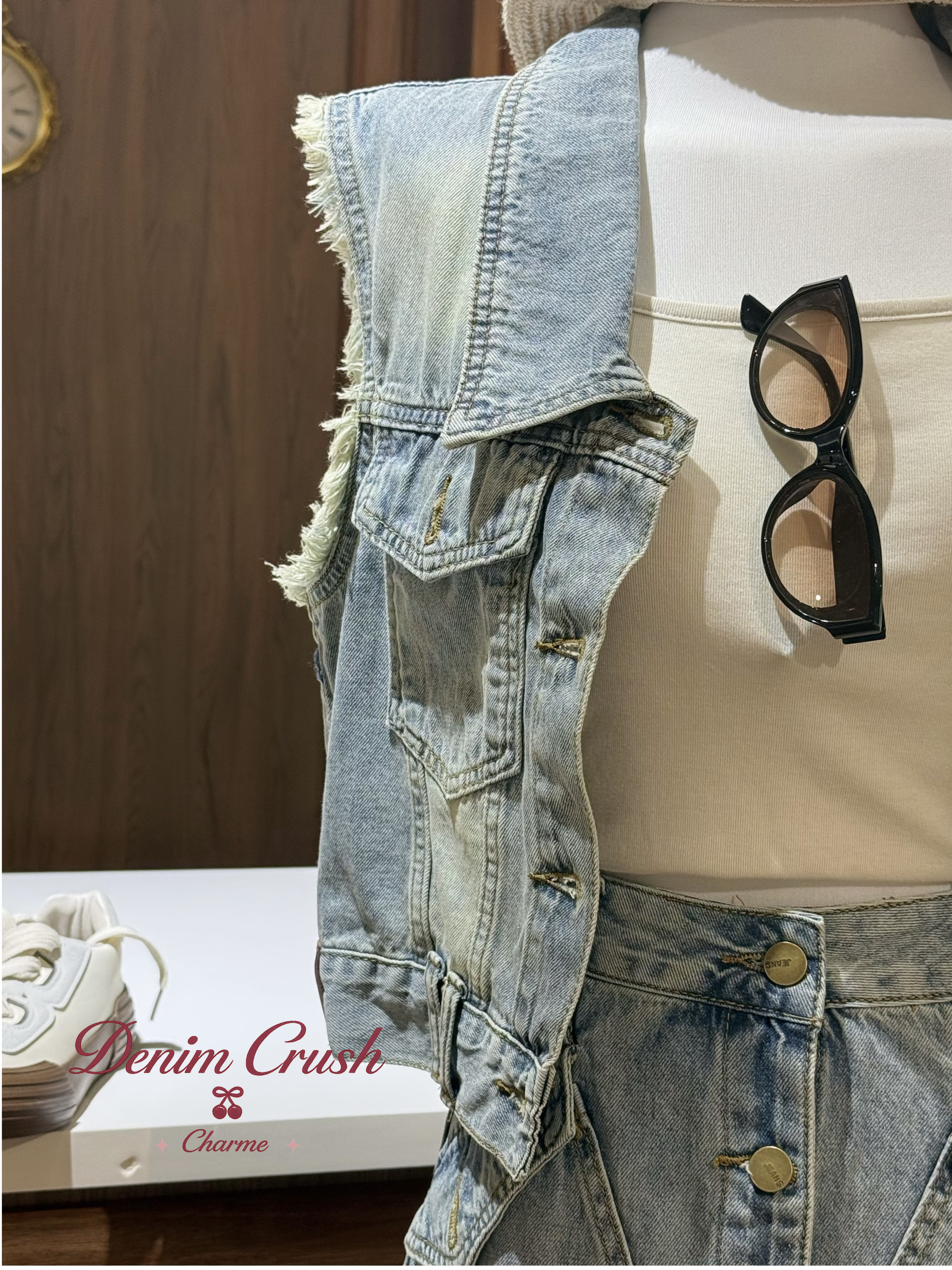 vintage wash denim vest and skirt set