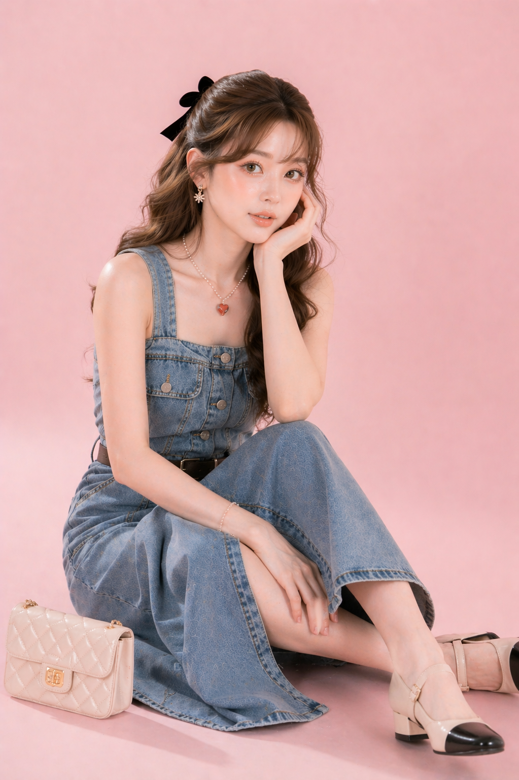 sleeveless denim long dress with belt