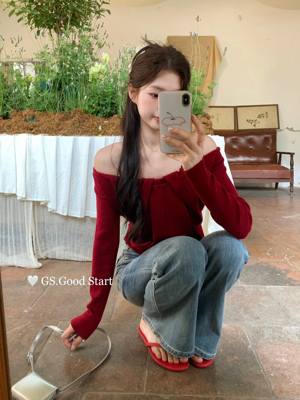 G1018 别致多穿法*超赞~春季法式浪漫设计感一字肩针织小衫