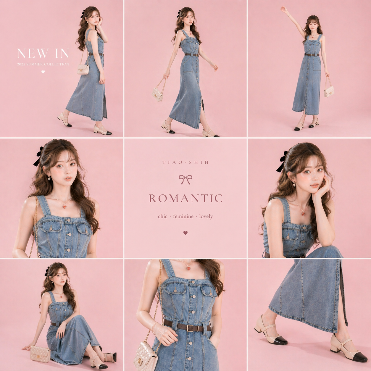 Woman wearing a denim dress on a pink background with 'NEW IN' and 'ROMANTIC' text.