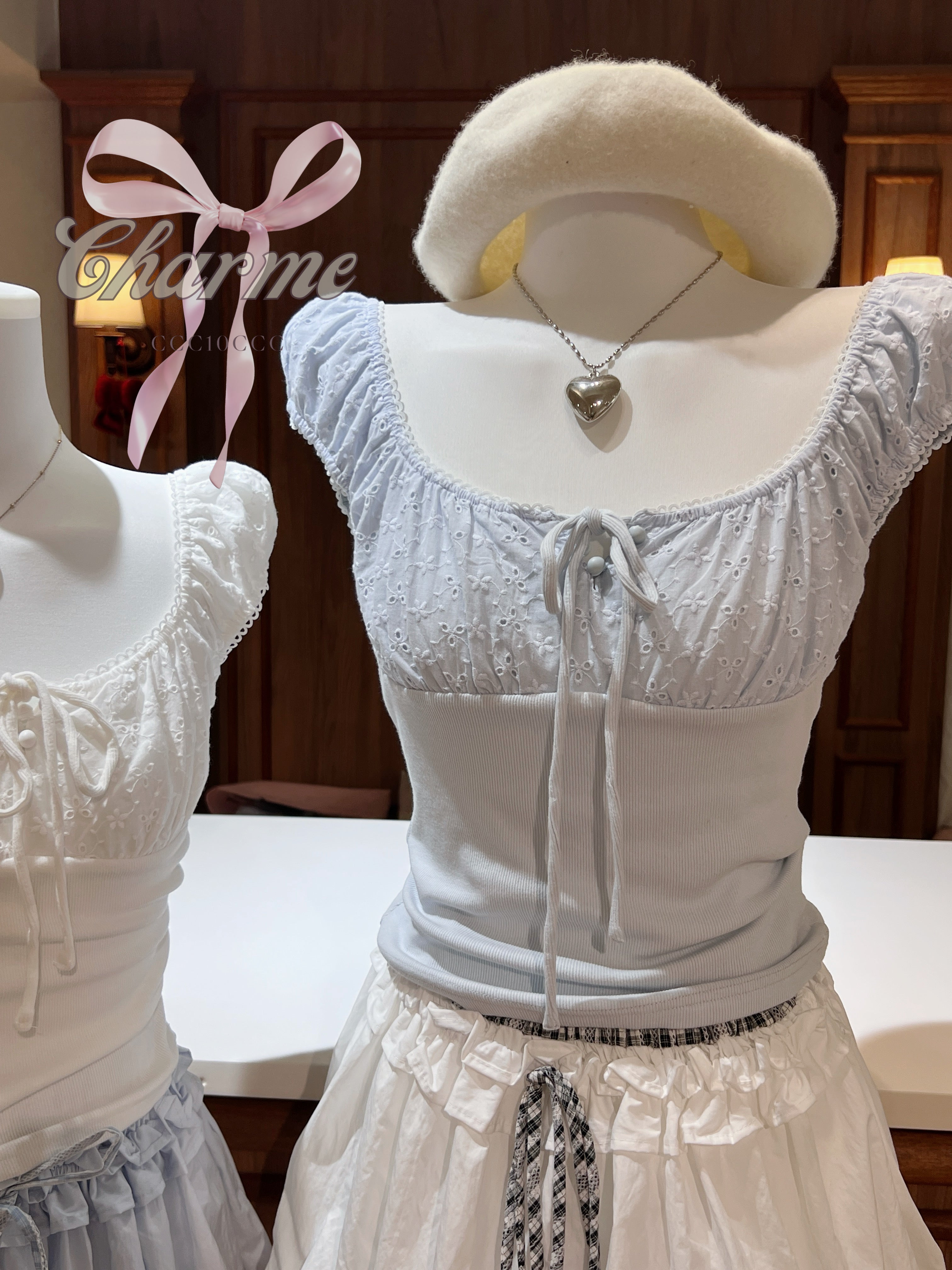 blue feminine crochet top charme