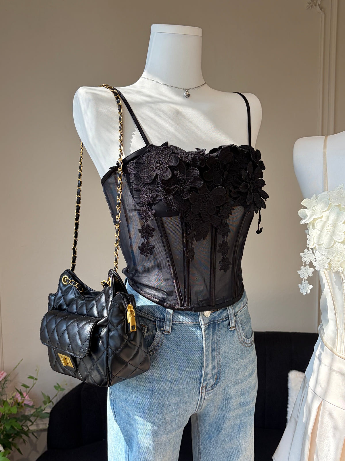 Charme.cc Cherie Floral Corset Top - Cream and Black Color Variants with 3D Floral Appliqué and Slim Fit