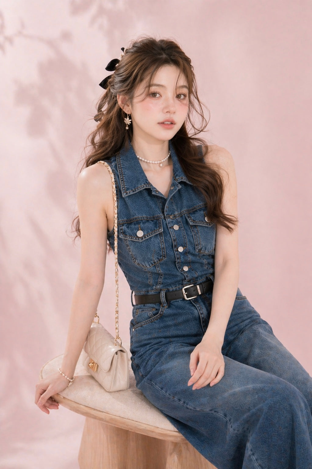 sleeveless denim one piece outfit