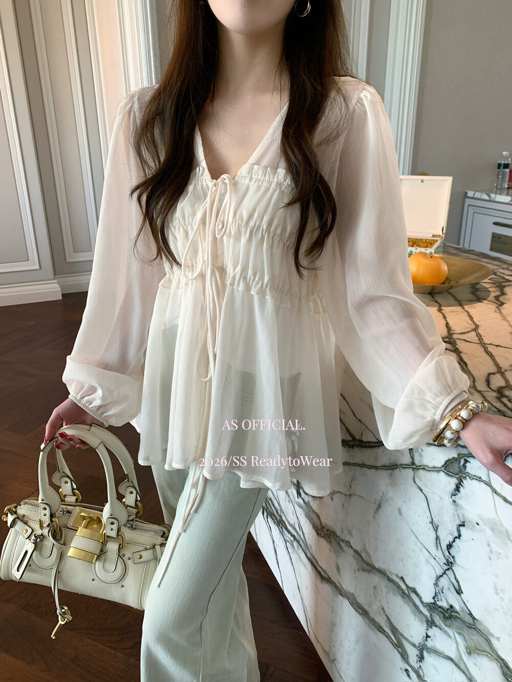 A101 褶皱V领系带小衫+背心真两件套装(私有浪漫~)