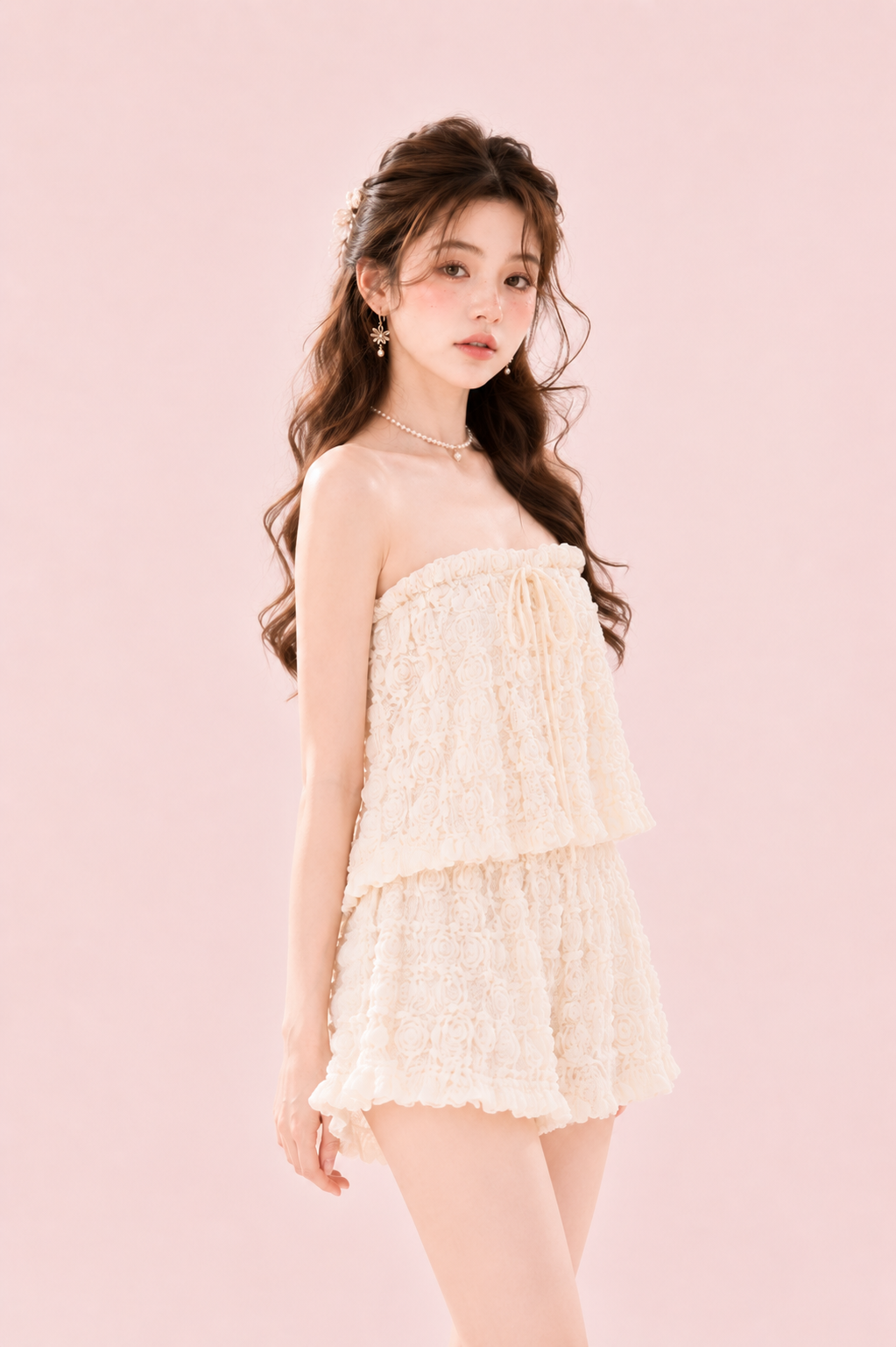 romantic cream lace tube dress women
