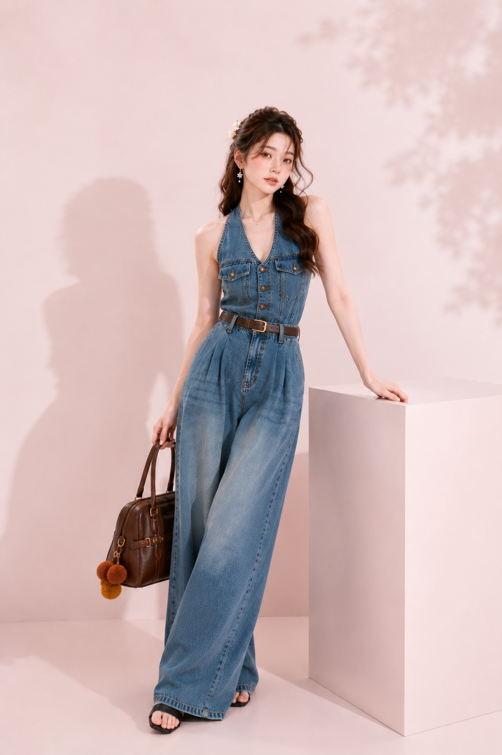 wide leg denim one piece outfit