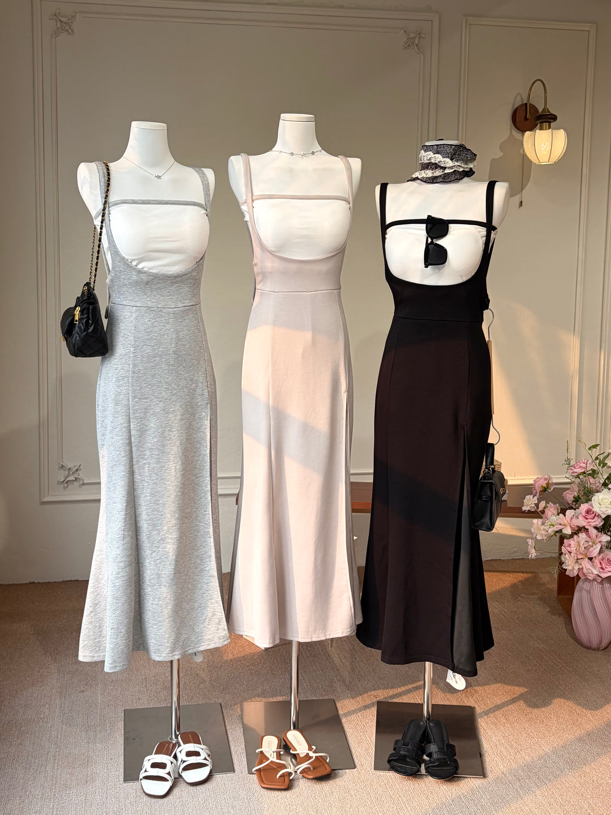 Charme Elodie 2-Piece Strapless Top and Maxi Dress Set in Grey, Pink and Black