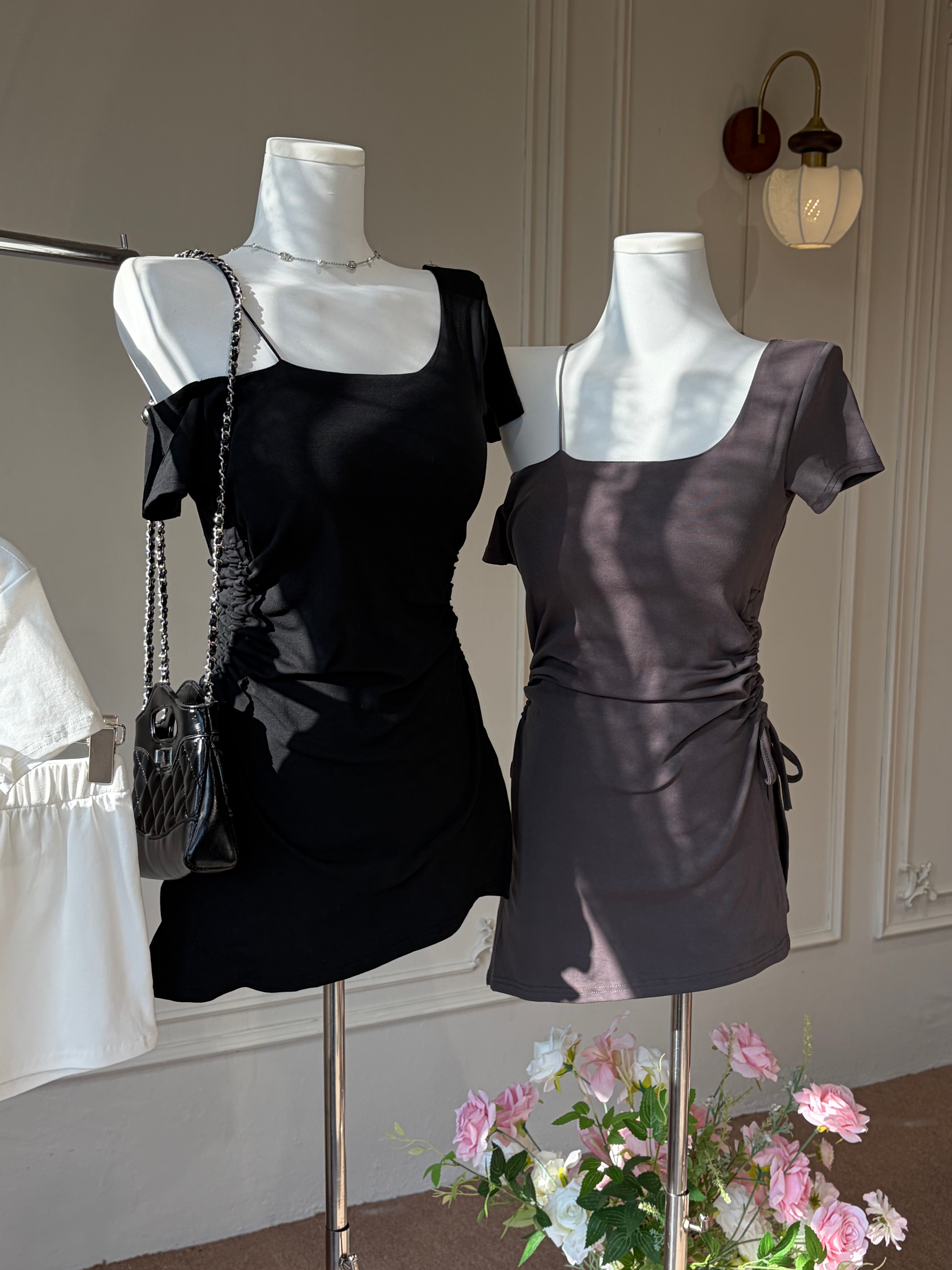 Charme.cc Women's Black and grey Asymmetrical Off-Shoulder Drawstring Top and Shorts Set 