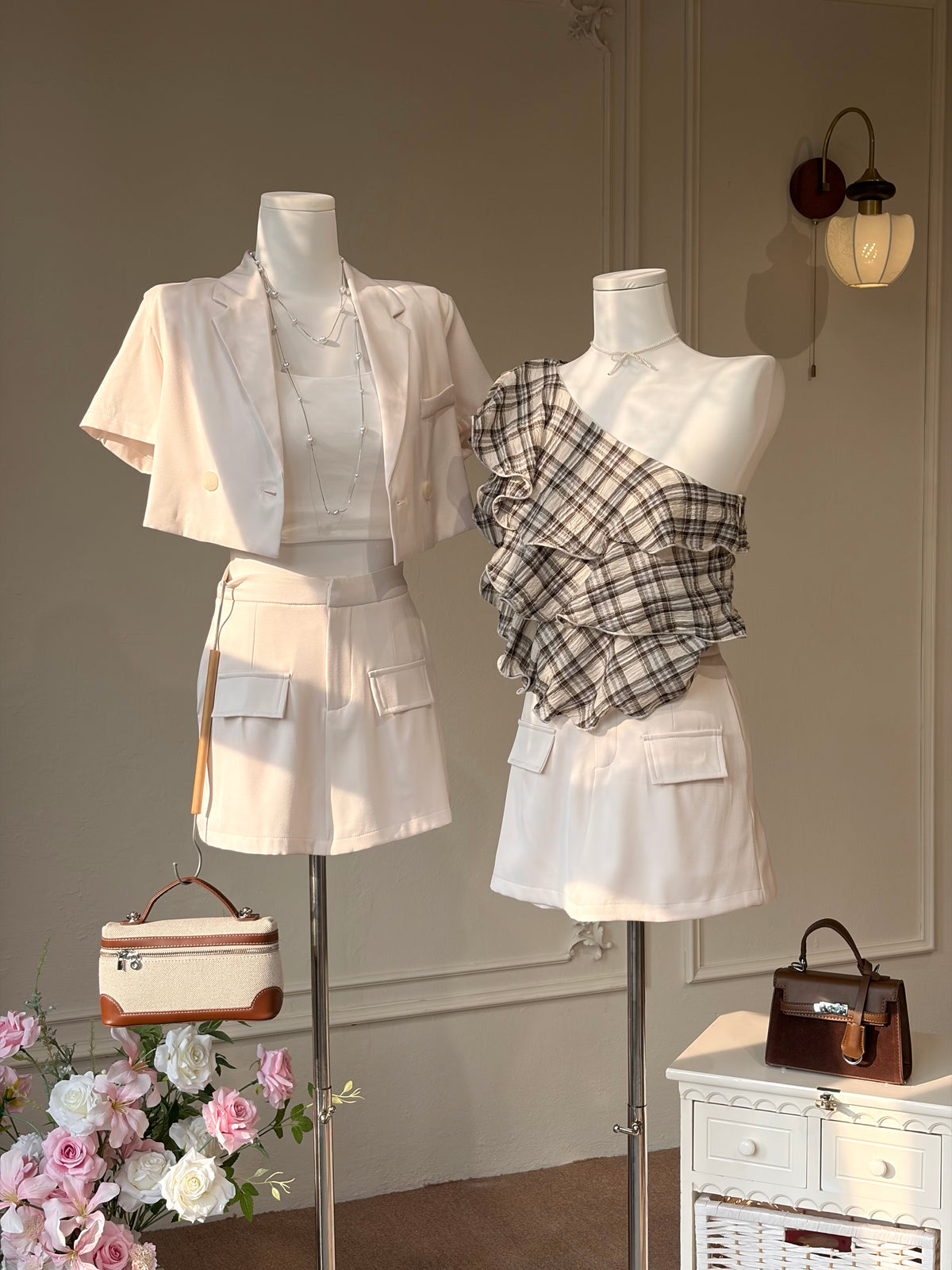 Charme.cc Women's Sydney Cream Cropped Blazer Top and High Waist Skort Styling Look
