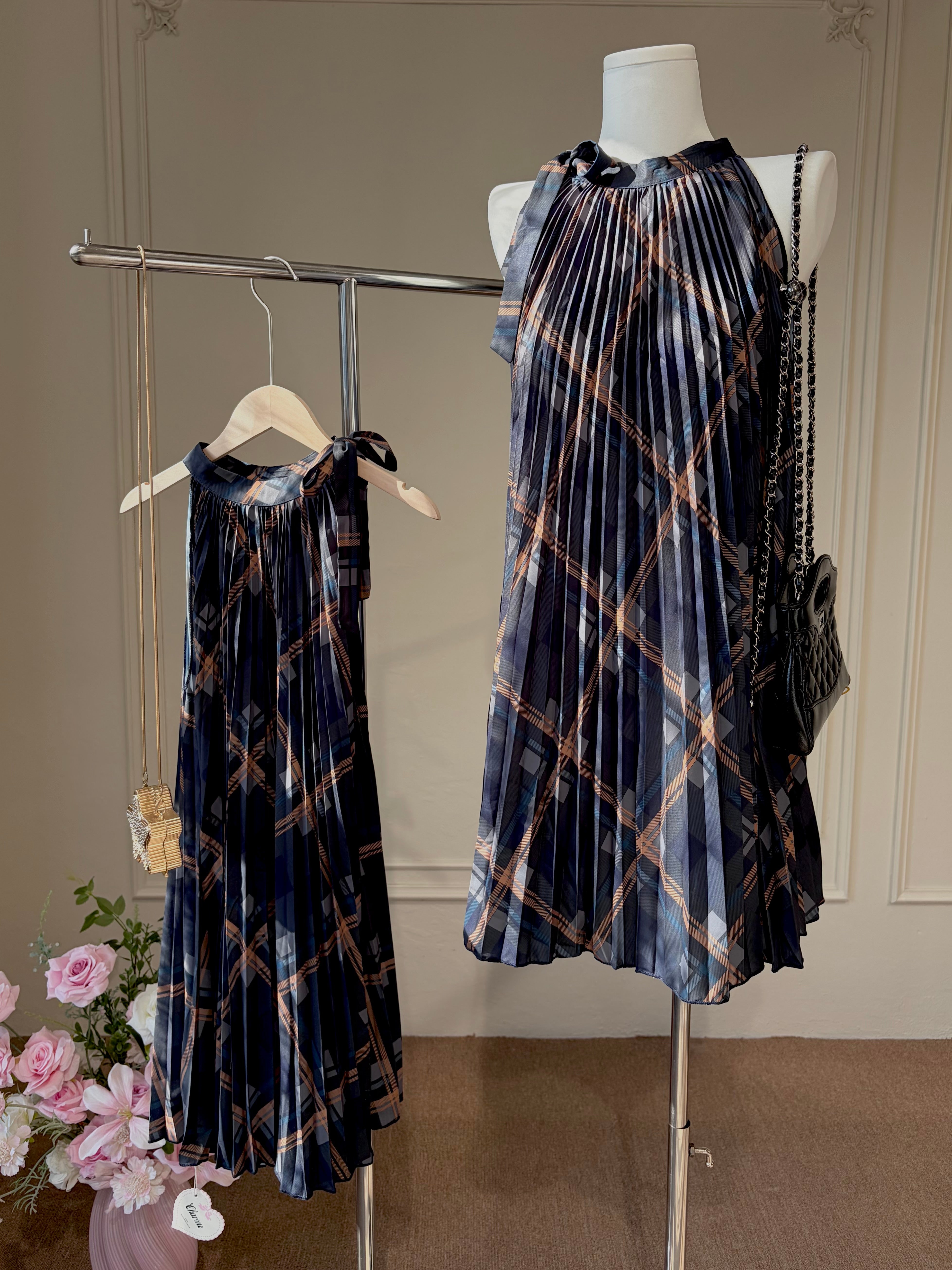 Charme.cc Aria Plaid Pleated Dress - Navy Plaid Halter Neck with All-Over Pleated Design Front View