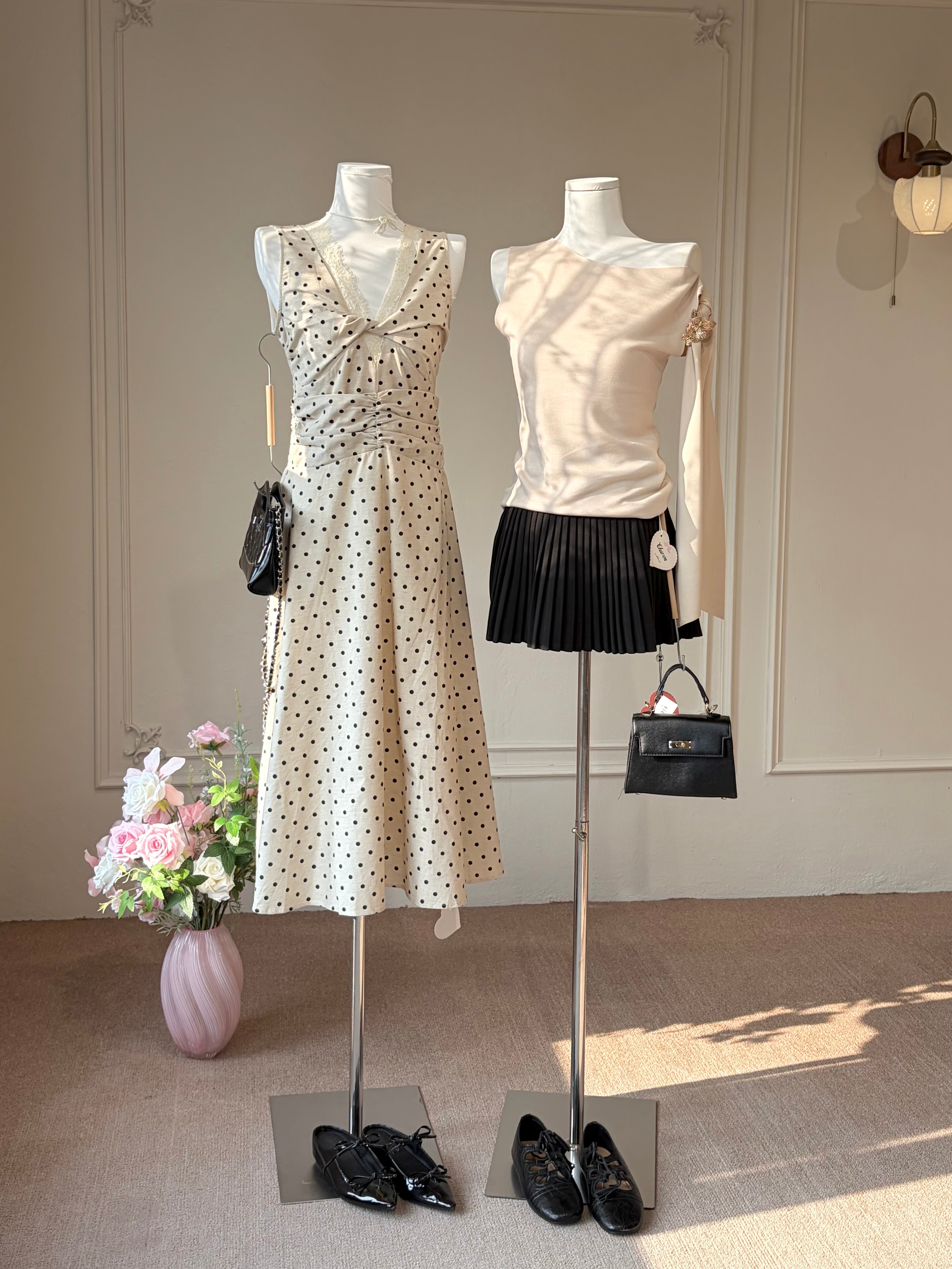 Charme.cc Amelie Polka Dress - Cream Polka Dot Midi Dress with Twist Front and Ruched Waist