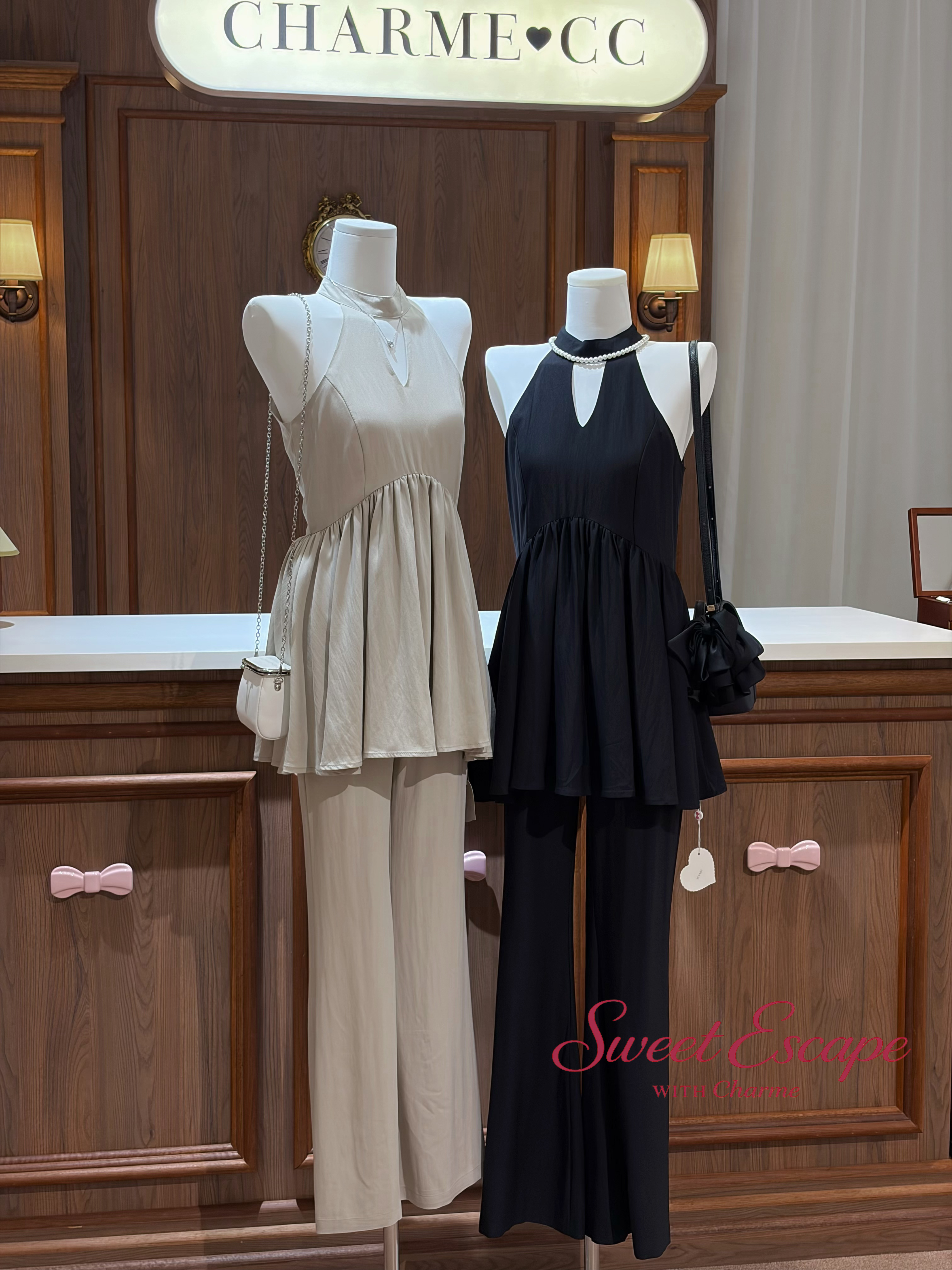 Halter flowy two-piece set with wide leg pants in beige from Sweet Escape collection