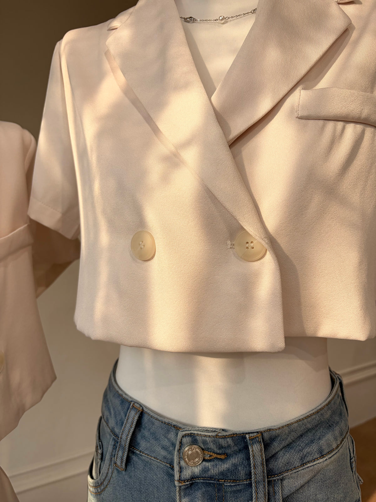 Charme.cc Sydney Cream Cropped Blazer Top with Short Sleeves and Double Breasted Detail