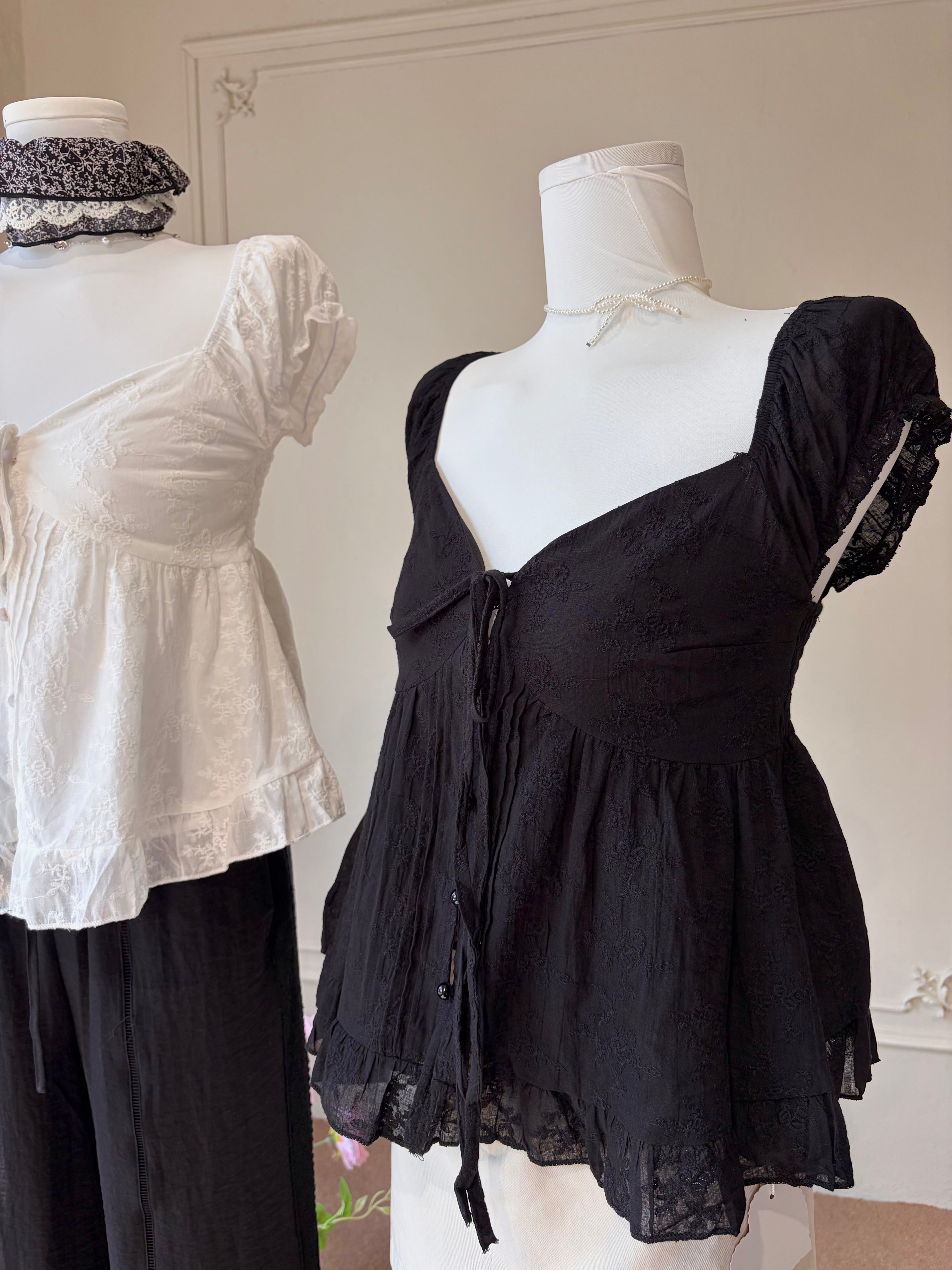 Charme.cc Clara Lace Babydoll - Black Relaxed Fit Babydoll Top with Puff Sleeves and Lace Details