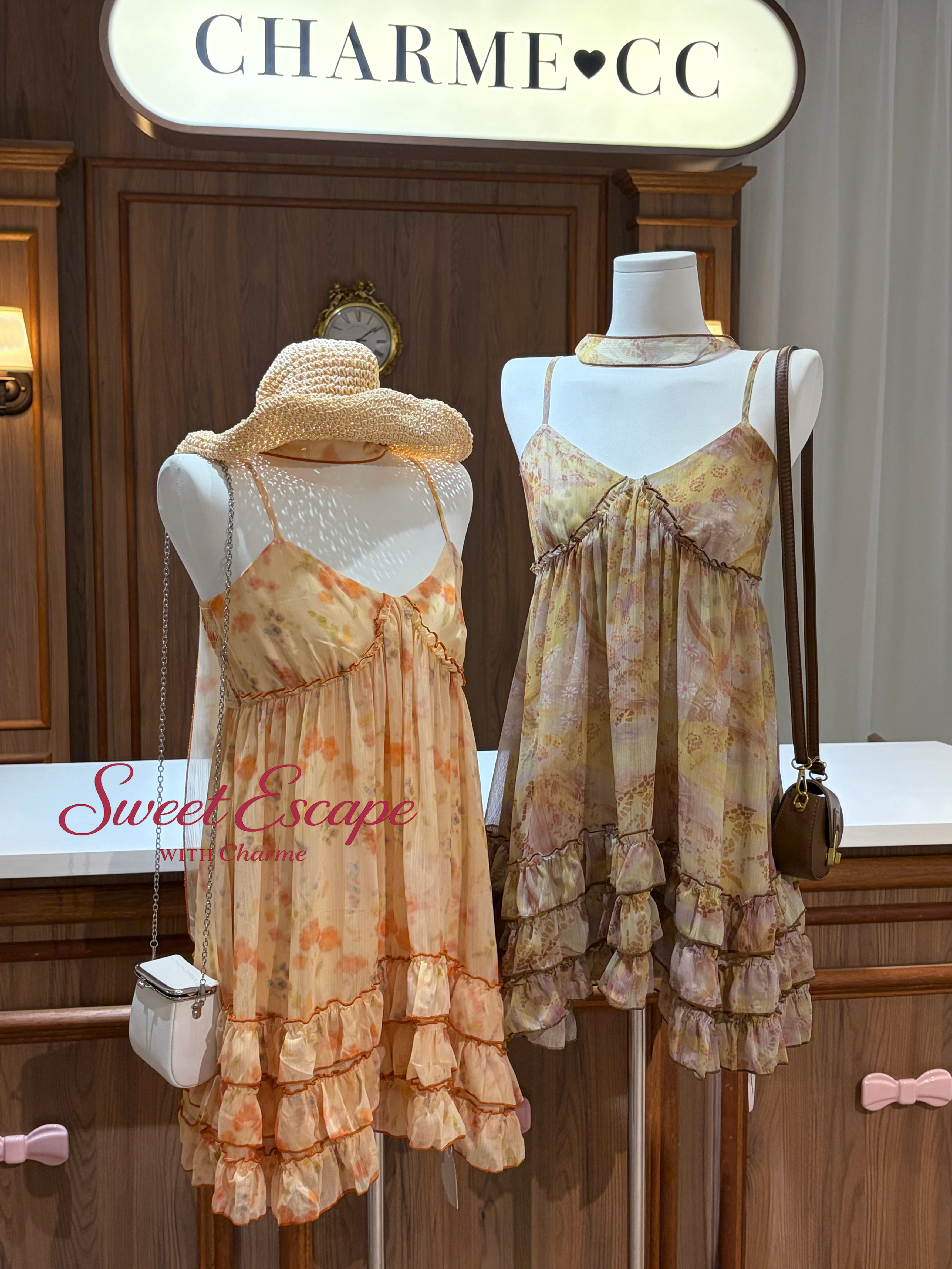 Floral chiffon spaghetti strap mini dress with layered ruffle hem in soft pastel print, Sweet Escape with Charme collection